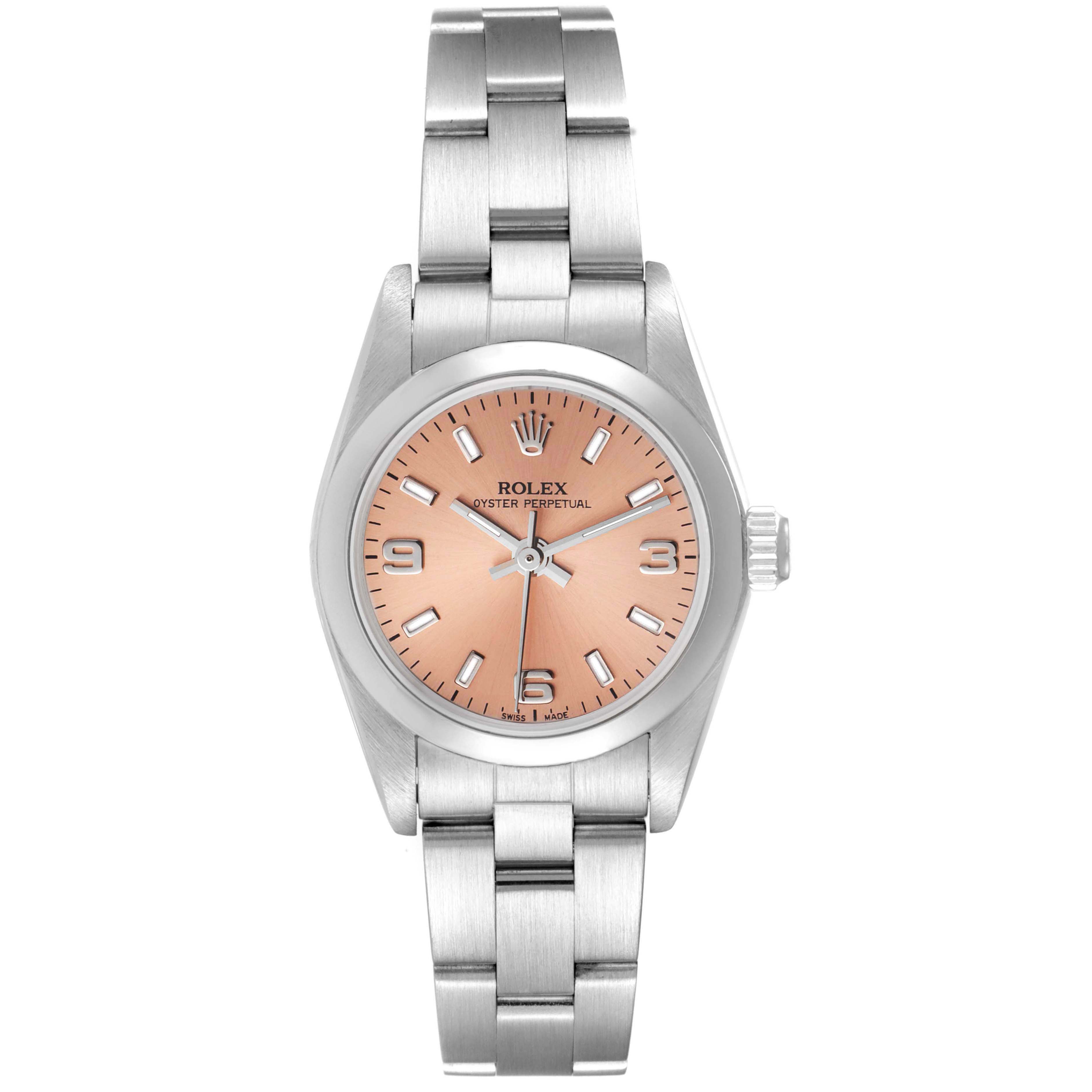 The image shows a front view of a Rolex Oyster Perpetual 76080 Women's Stainless Steel Pink Dial 76080 Women's Stainless Steel Pink Dial watch, displaying its face, bezel, and part of the bracelet.