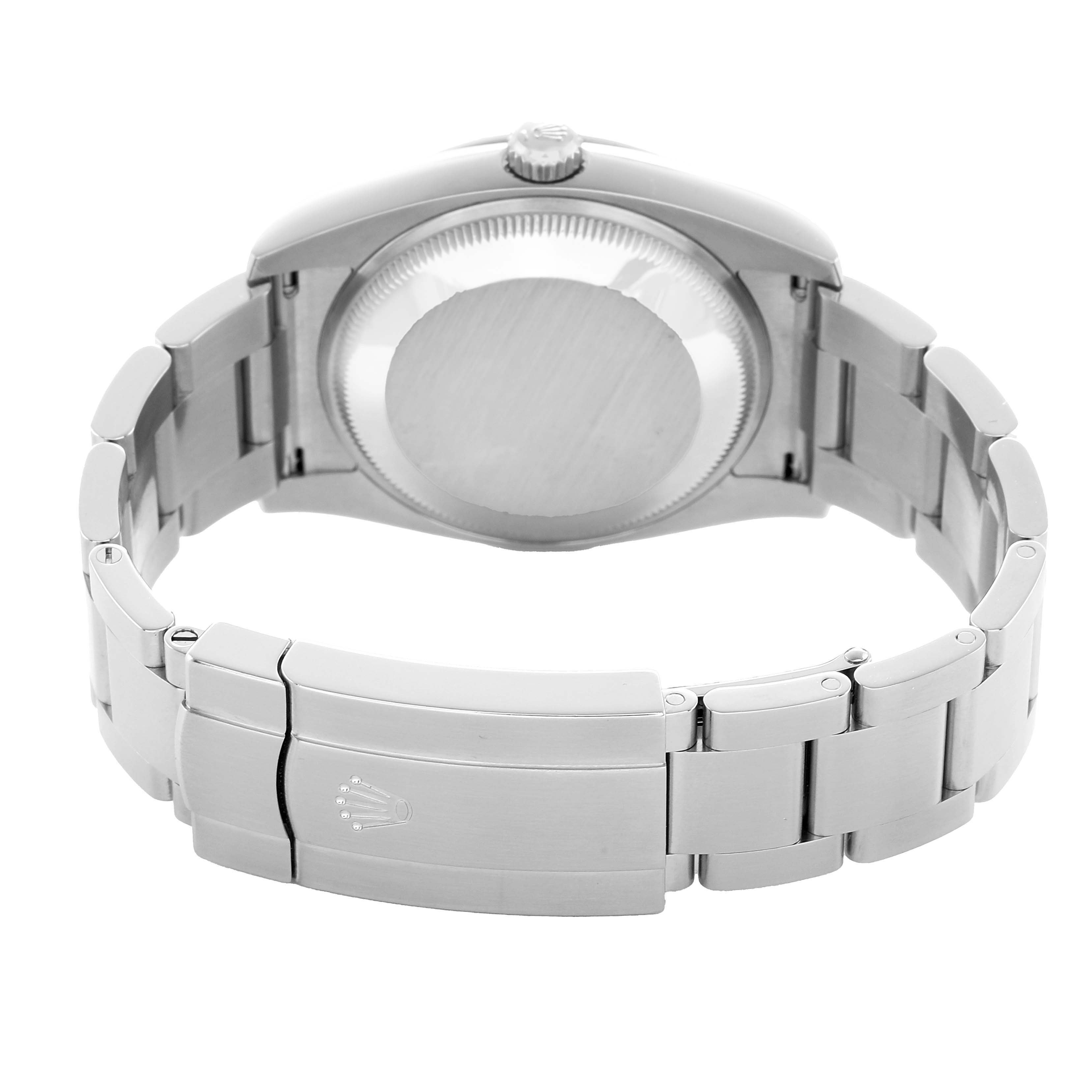 The image shows the back view of a Rolex Oyster Perpetual 114200 Men's Stainless Steel Silver Dial, featuring the case back and bracelet clasp.