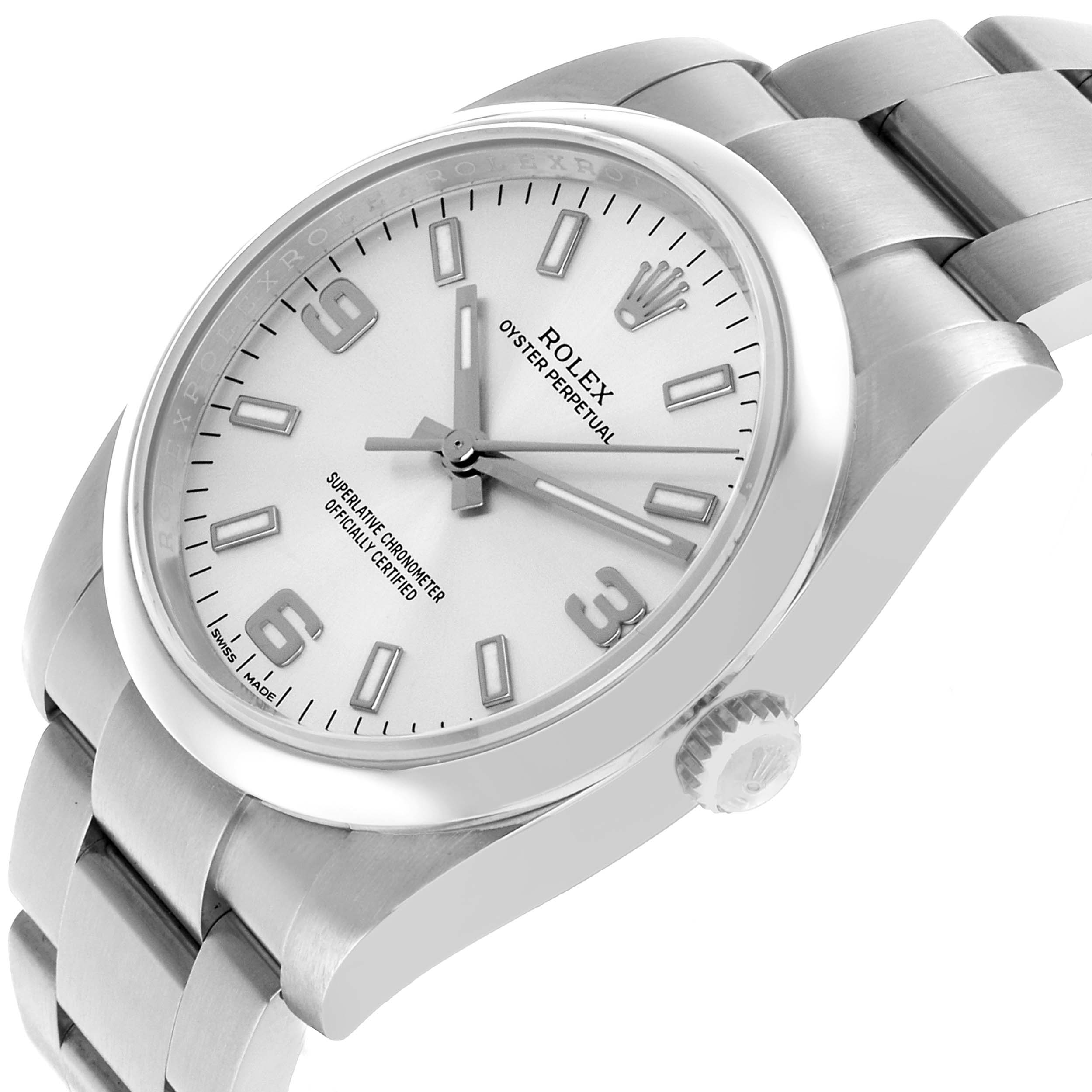 The Rolex Oyster Perpetual 114200 Men's Stainless Steel Silver Dial watch is shown at an angled view highlighting its dial, bezel, and part of the bracelet.