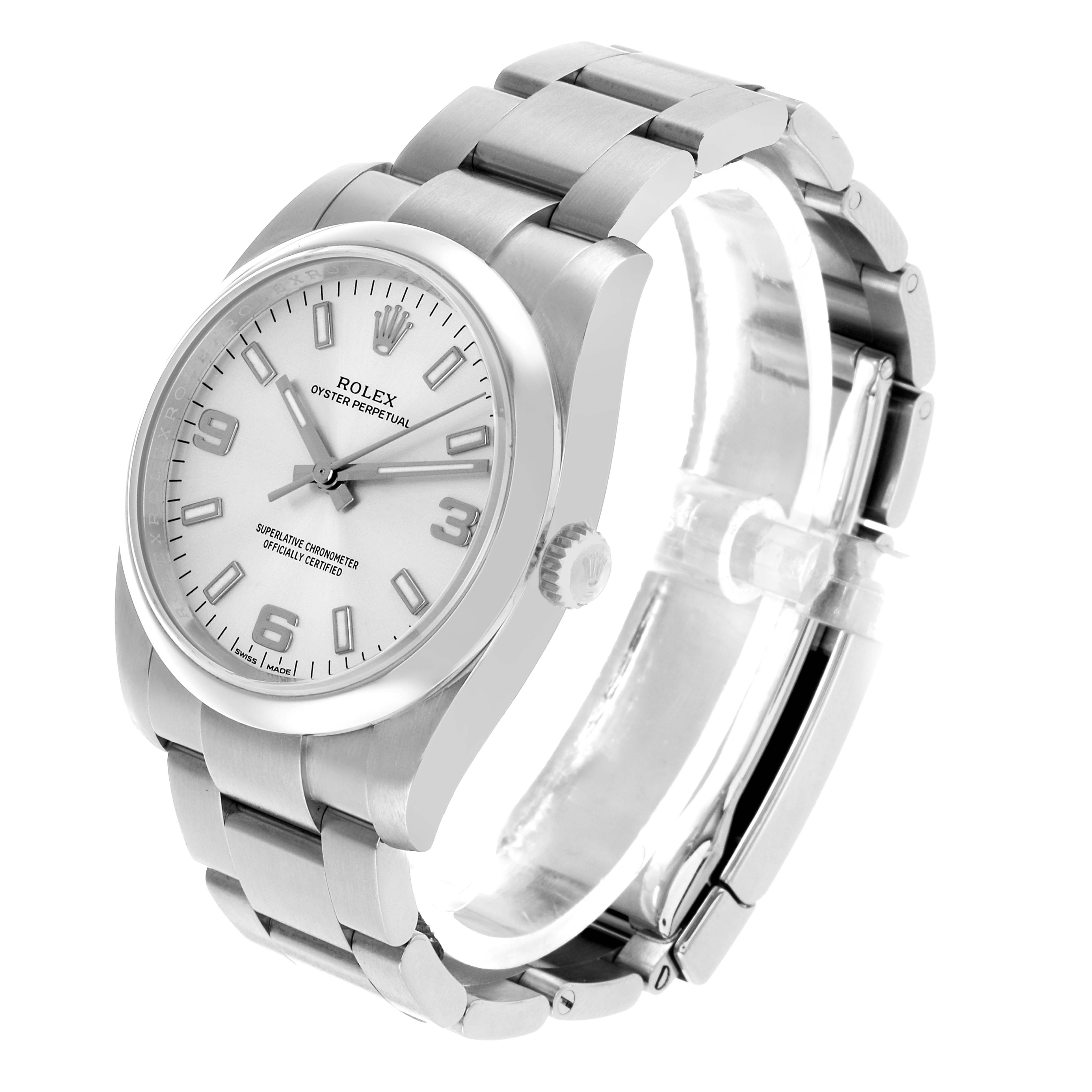 The Rolex Oyster Perpetual 114200 Men's Stainless Steel Silver Dial is shown at an angled side view, displaying the face, bezel, bracelet, and crown.