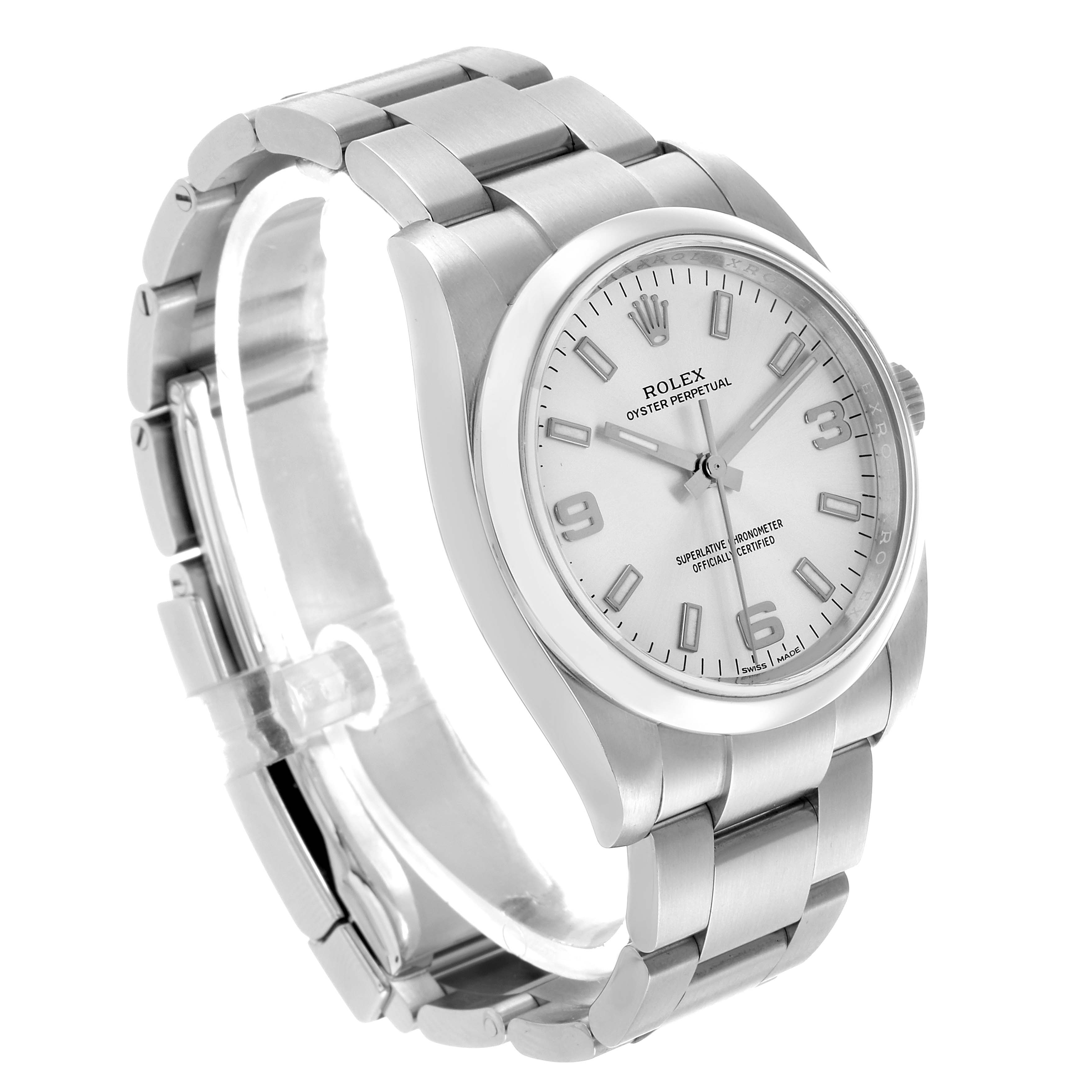 The Rolex Oyster Perpetual 114200 Men's Stainless Steel Silver Dial watch is shown at a three-quarter angle, displaying the face, bezel, crown, and bracelet.