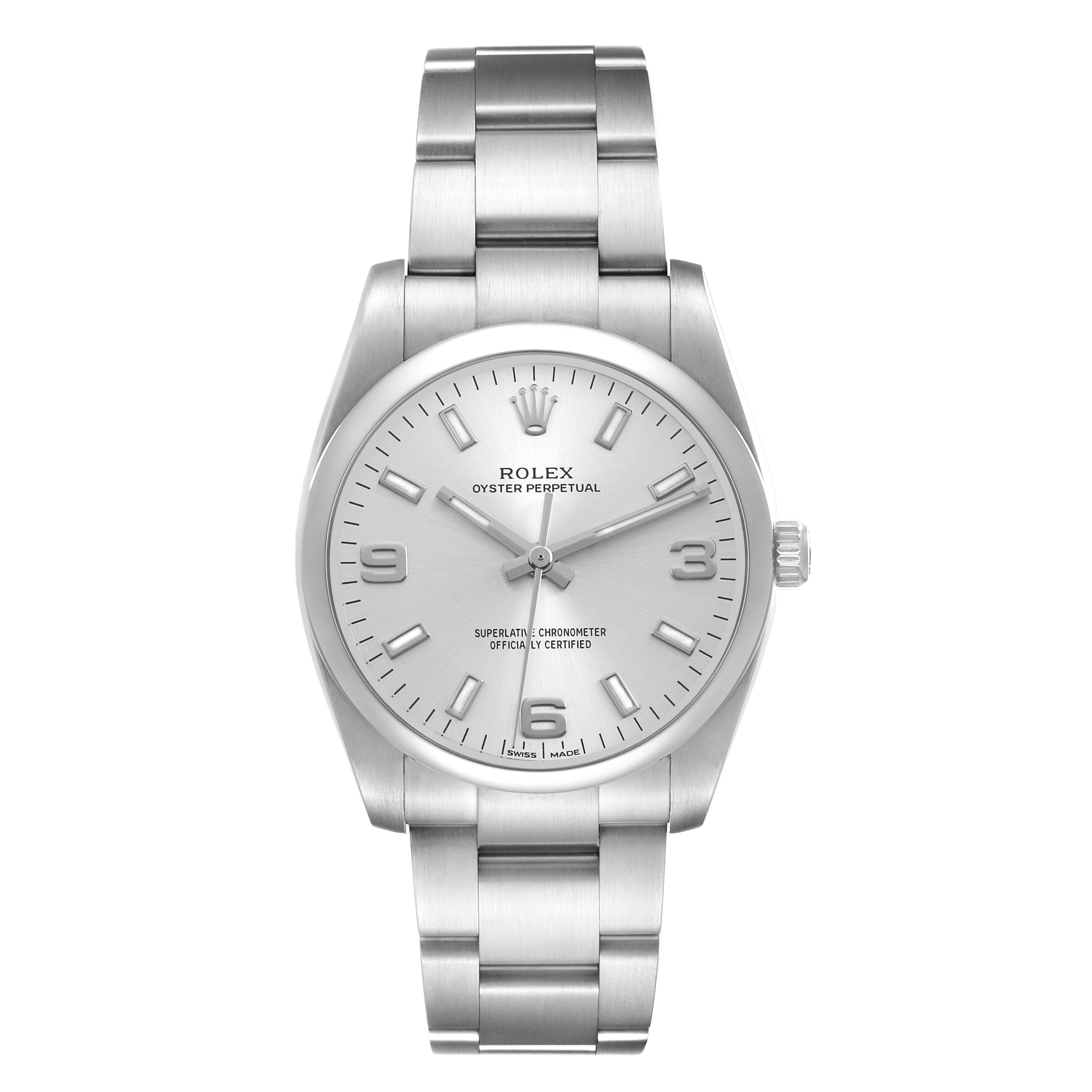 The Rolex Oyster Perpetual 114200 Men's Stainless Steel Silver Dial watch is shown from a front angle, displaying the face, bezel, and bracelet.