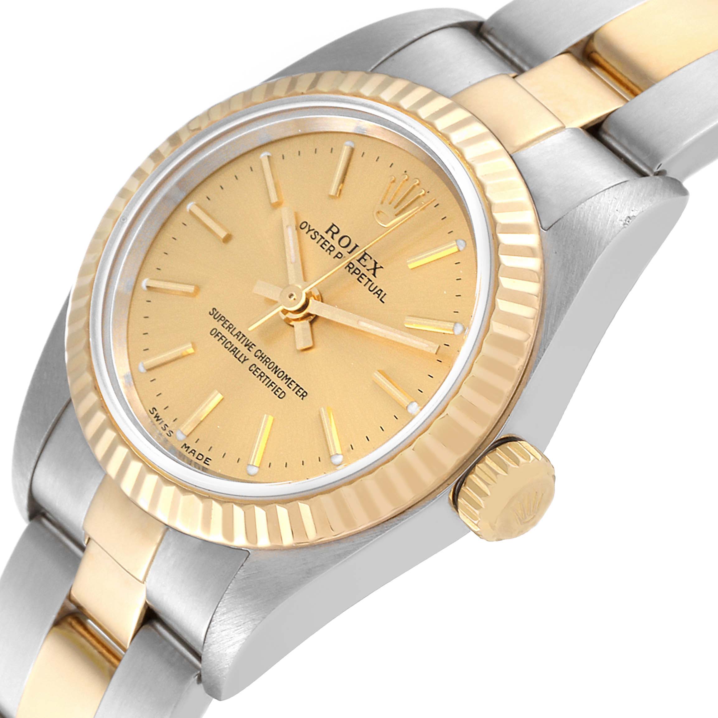 The image shows a close-up angled view of a Rolex Oyster Perpetual 76193 Women's Steel and Gold (two tone) Champagne Dial 76193 Women's Steel and Gold (two tone) Champagne Dial watch, highlighting its gold dial, fluted bezel, and two-tone bracelet.