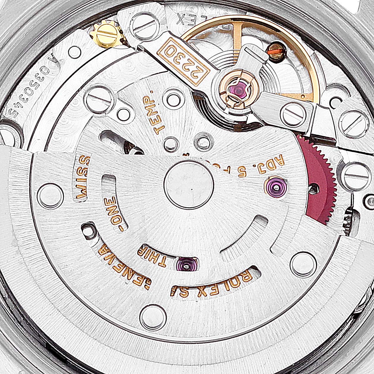 The image shows a close-up view of the movement mechanism of a Rolex Oyster Perpetual 76193 Women's Steel and Gold (two tone) Champagne Dial 76193 Women's Steel and Gold (two tone) Champagne Dial watch, highlighting the intricate gears and components.