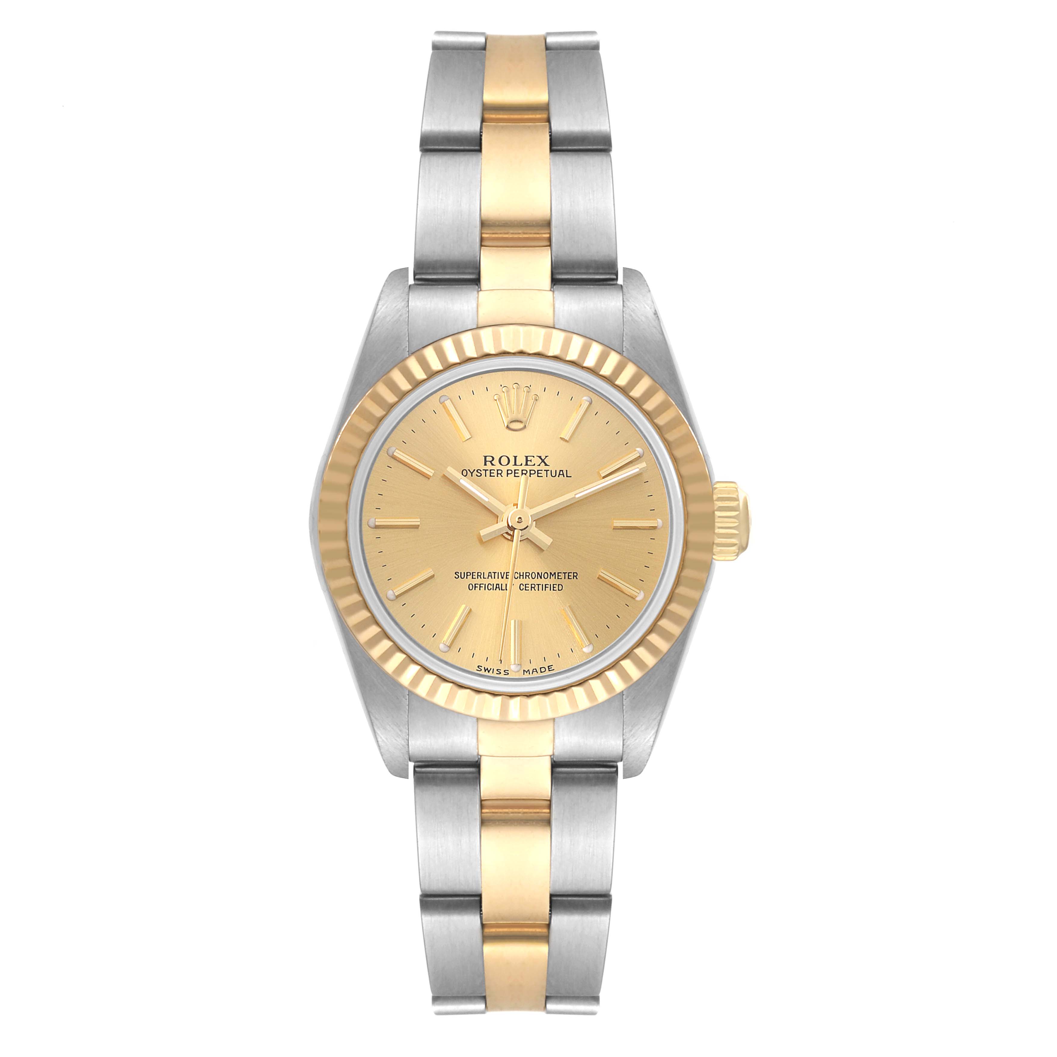 This image shows a Rolex Oyster Perpetual 76193 Women's Steel and Gold (two tone) Champagne Dial 76193 Women's Steel and Gold (two tone) Champagne Dial watch from the front, displaying its dial, case, bezel, and bracelet.