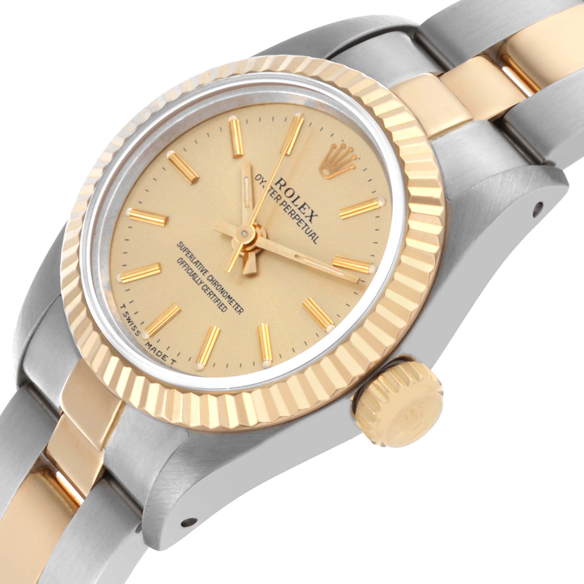 The image shows a Rolex Oyster Perpetual 67193 Women's Steel and Gold (two tone) Champagne Dial 67193 Women's Steel and Gold (two tone) Champagne Dial watch at an angled close-up, highlighting its gold dial, bezel, and part of the bracelet.