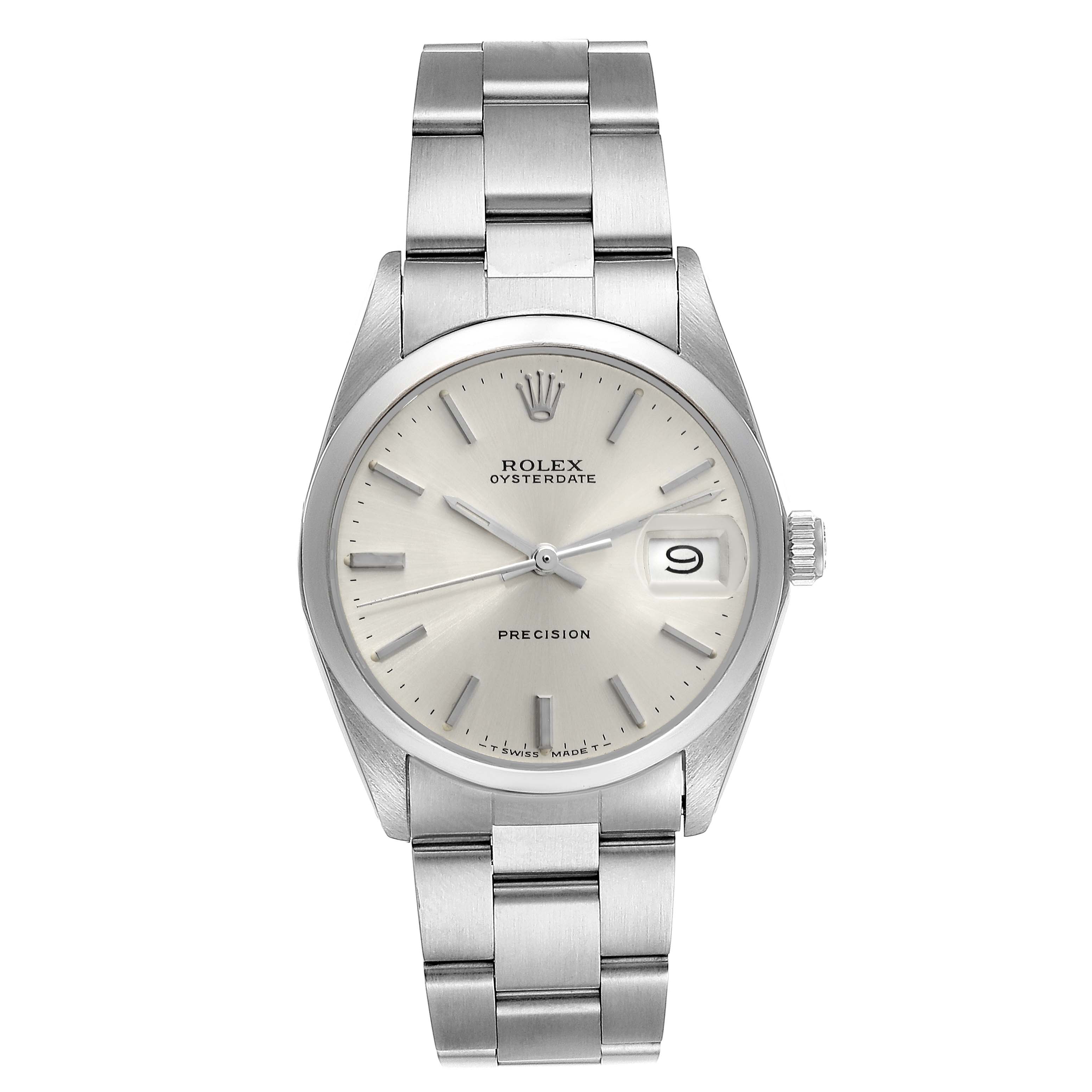 This image shows a front view of the Rolex Vintage Collection 6694 Men
s Stainless Steel Silver Dial 6694 Men
s Stainless Steel Silver Dial Precision Oysterdate model, highlighting the dial and bracelet.