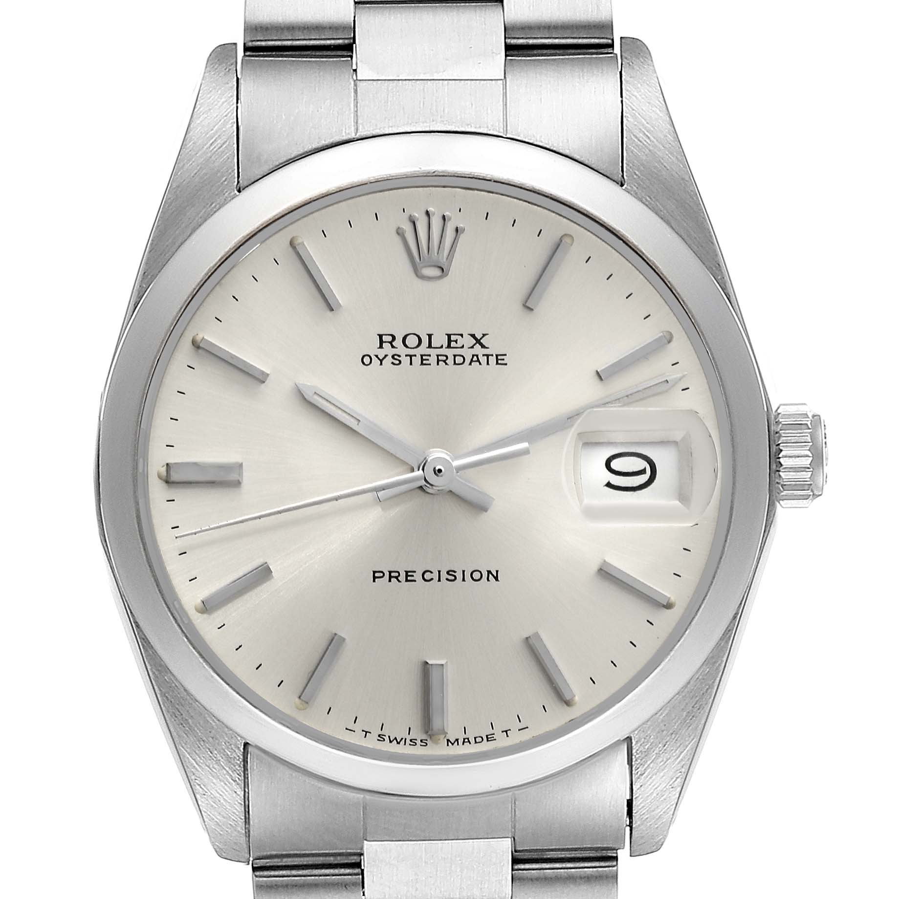 The image shows a front view of the Rolex Vintage Collection 6694 Men
s Stainless Steel Silver Dial 6694 Men
s Stainless Steel Silver Dial watch, displaying its dial, hands, crown, and part of the bracelet.