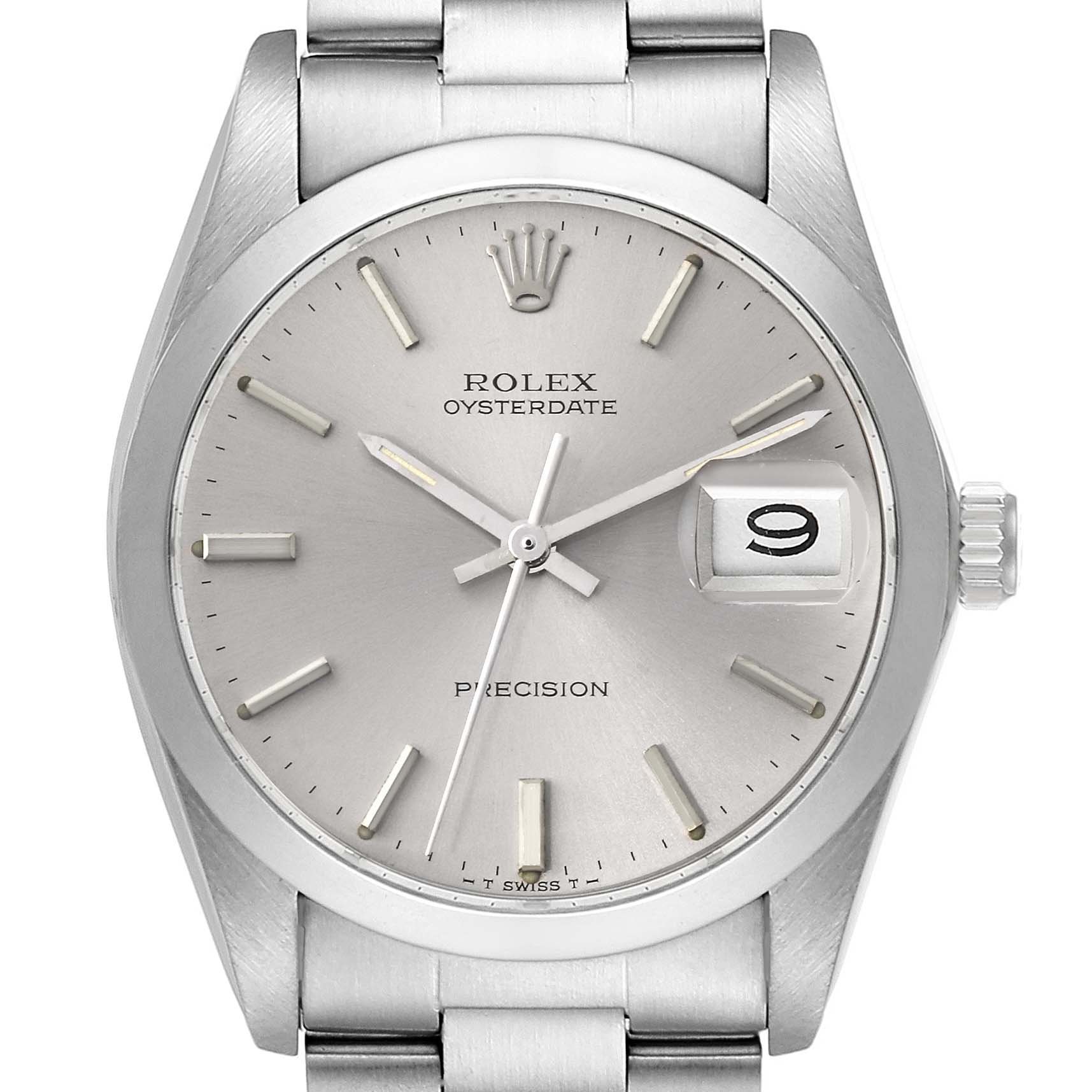 This image shows a front view of the Rolex Vintage Collection 6694 Men's Stainless Steel Silver Dial 6694 Men's Stainless Steel Silver Dial Oysterdate Precision watch, highlighting the dial, crown, and bracelet.
