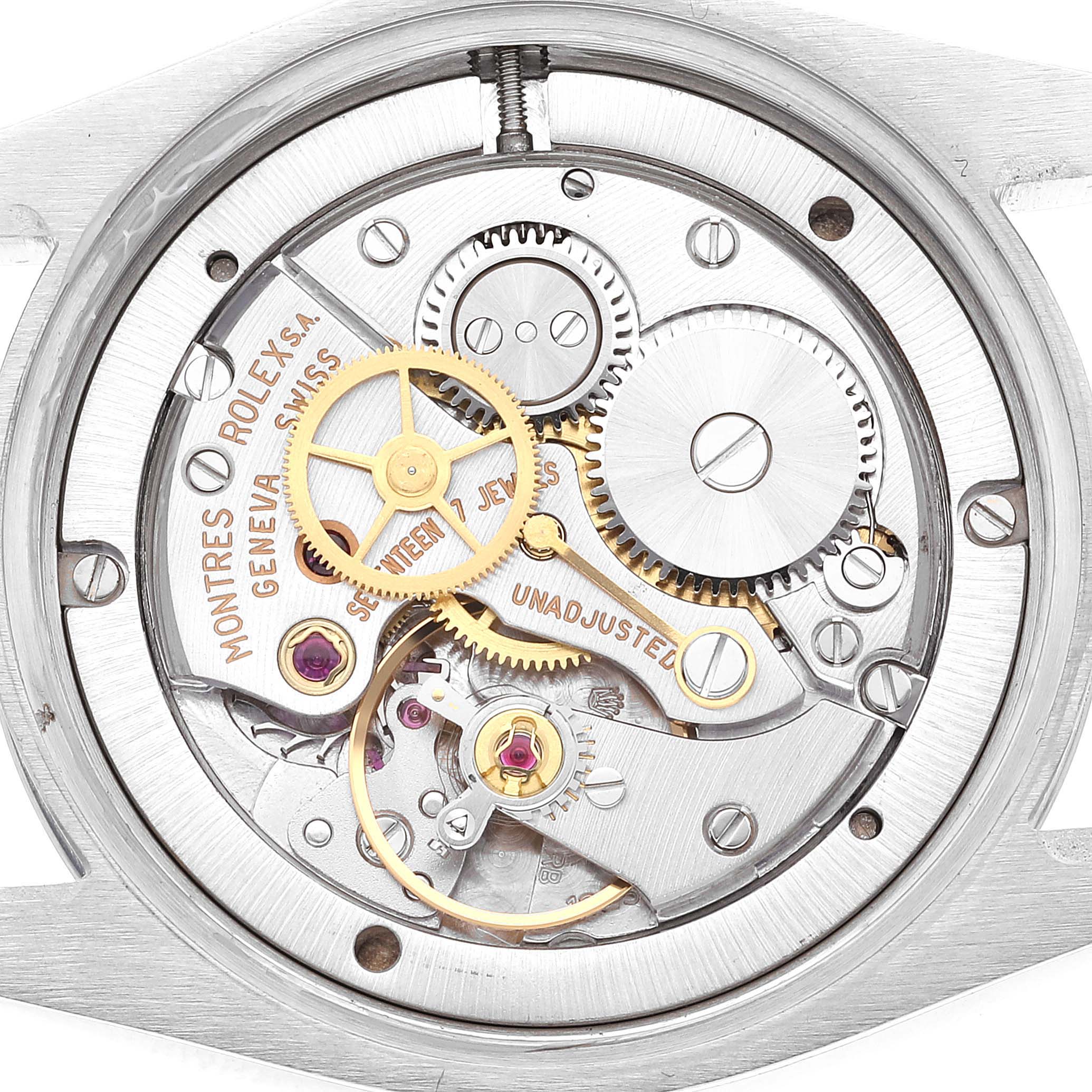 This image shows the internal mechanical movement of a Vintage Collection model by Rolex from a top-down perspective.
