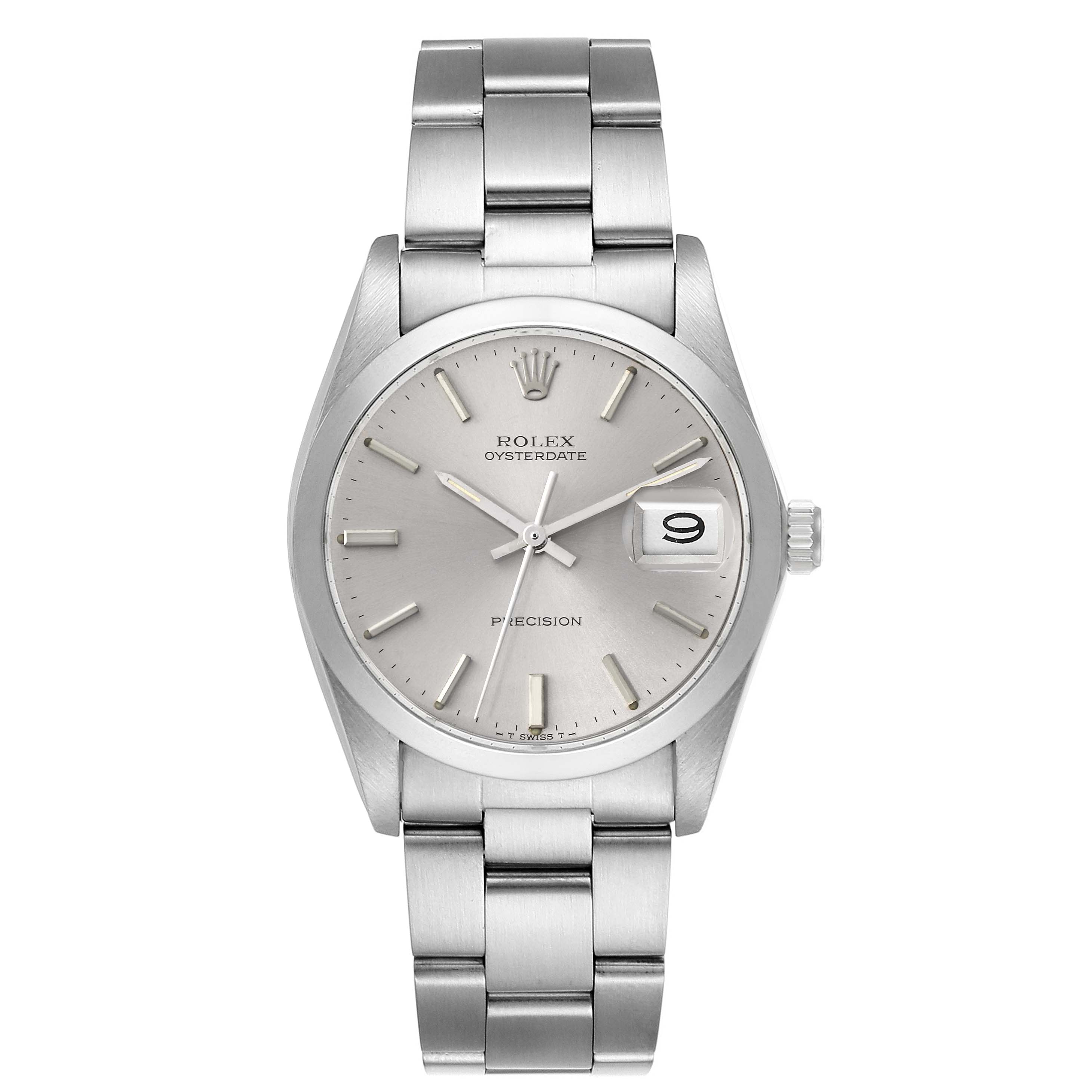 This is a head-on view of the Rolex Vintage Collection 6694 Men's Stainless Steel Silver Dial 6694 Men's Stainless Steel Silver Dial Oysterdate Precision watch, showing the dial, hands, date window, and bracelet.