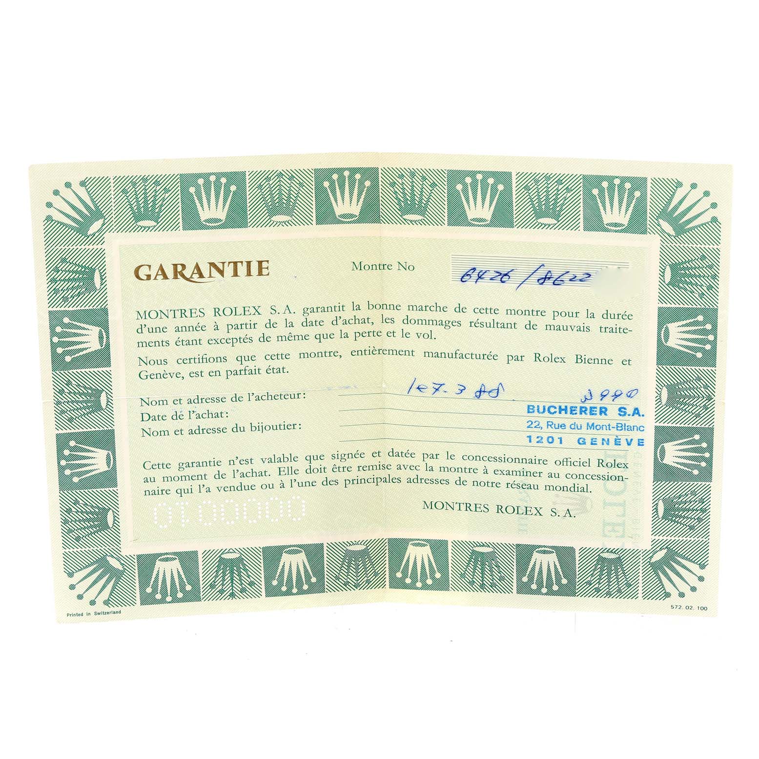 This image shows a warranty certificate for a Vintage Collection model by Rolex.