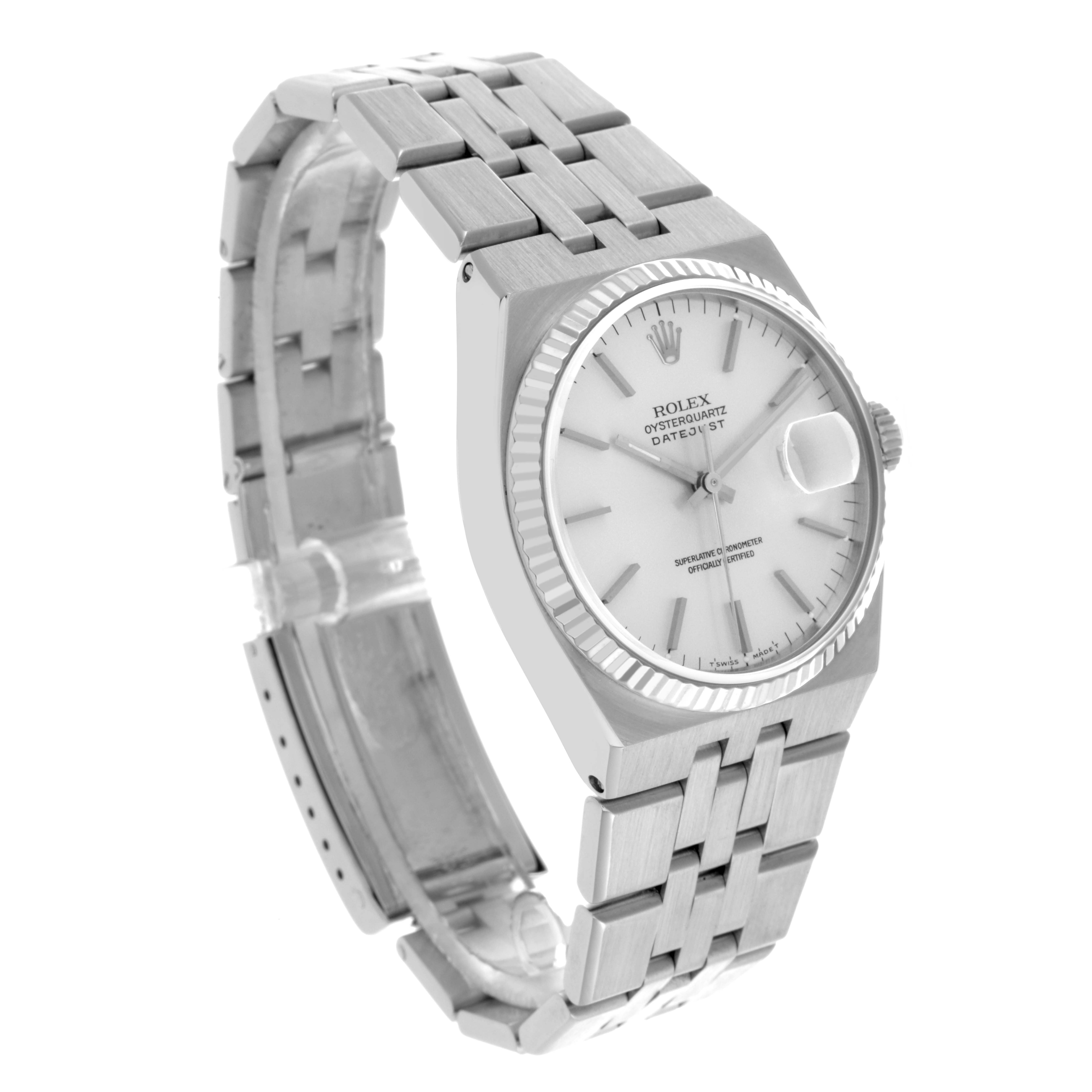 The Rolex Oysterquartz 17014 Men's Stainless Steel Silver Dial 17014 Men's Stainless Steel Silver Dial watch is shown at a slight angle showcasing the full face, case, and bracelet.