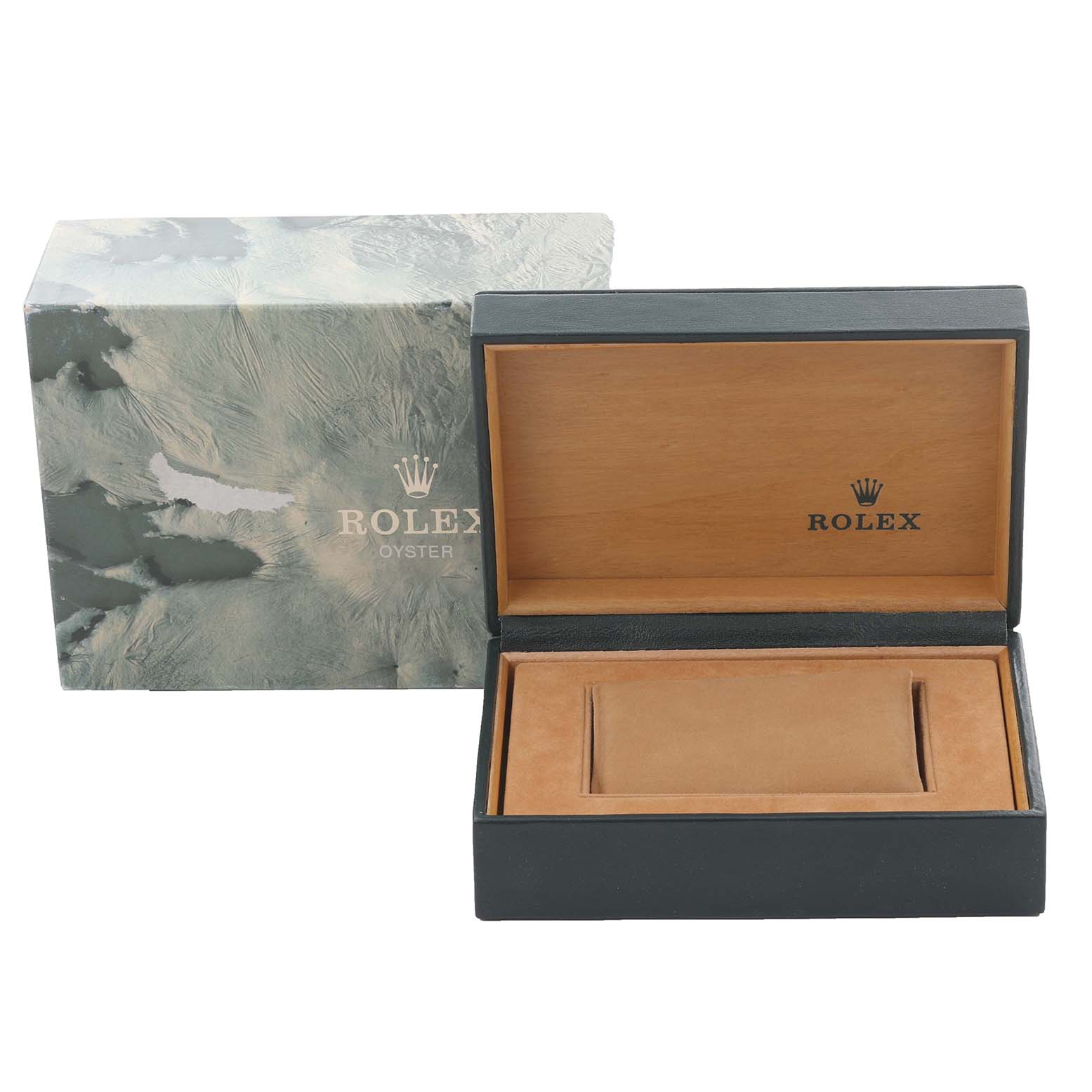 The image shows the packaging for a Rolex Oysterquartz 17014 Men's Stainless Steel Silver Dial 17014 Men's Stainless Steel Silver Dial, featuring an open wooden box and an outer decorative box.