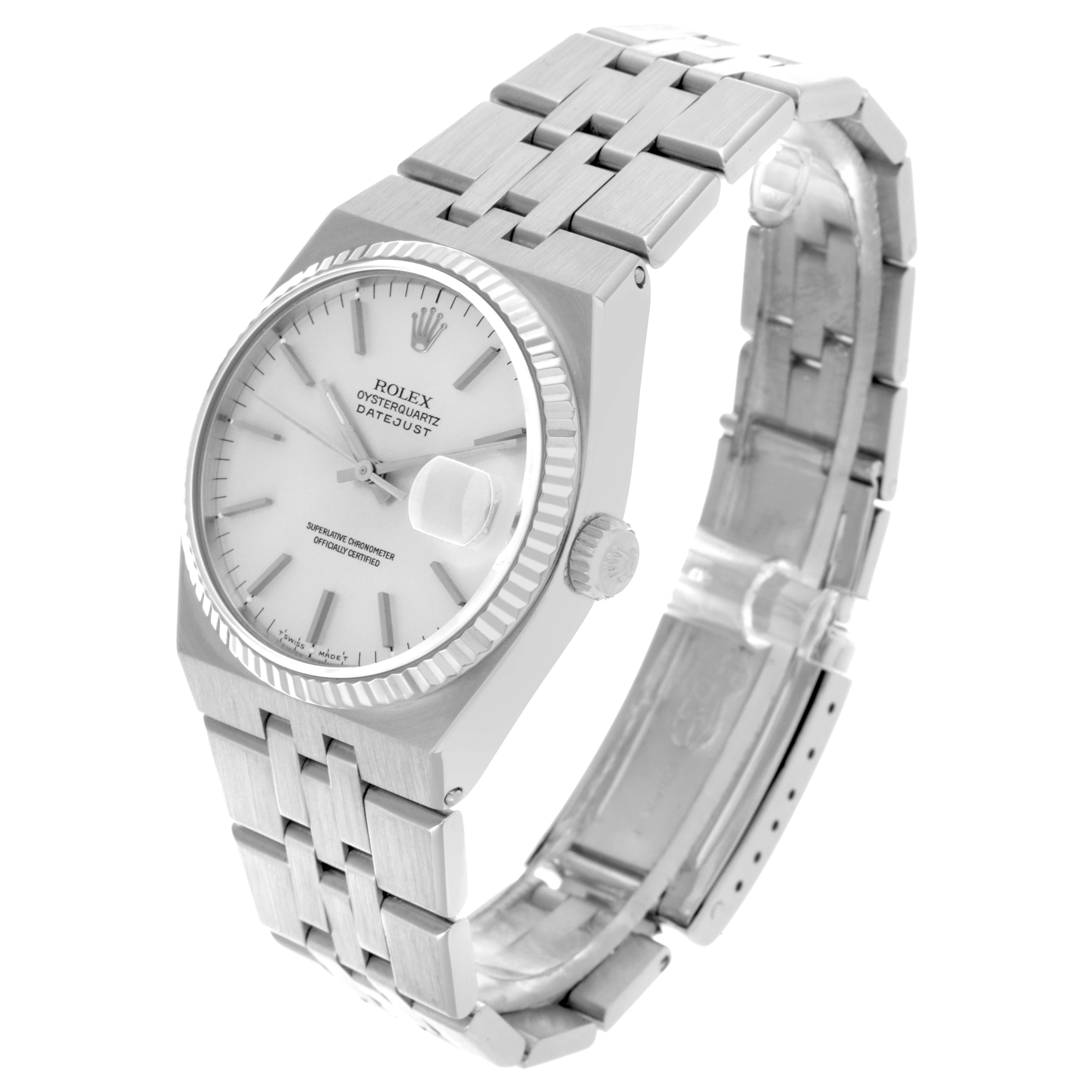 The Rolex Oysterquartz 17014 Men's Stainless Steel Silver Dial 17014 Men's Stainless Steel Silver Dial watch is angled slightly to the left, showing the face, crown, bezel, and part of the bracelet.
