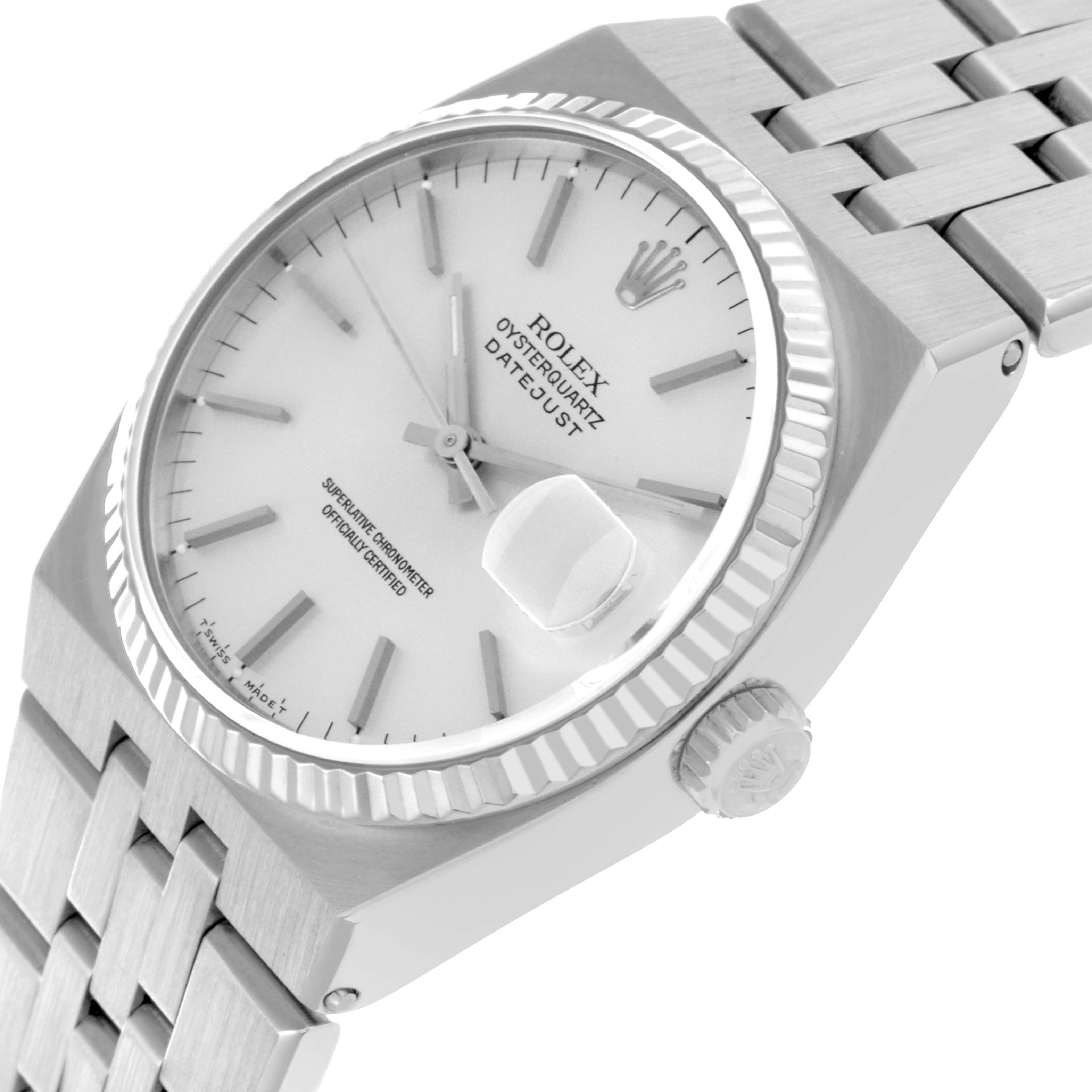 The Rolex Oysterquartz 17014 Men's Stainless Steel Silver Dial 17014 Men's Stainless Steel Silver Dial watch is shown from an angled front view, highlighting the dial, fluted bezel, crown, and bracelet.