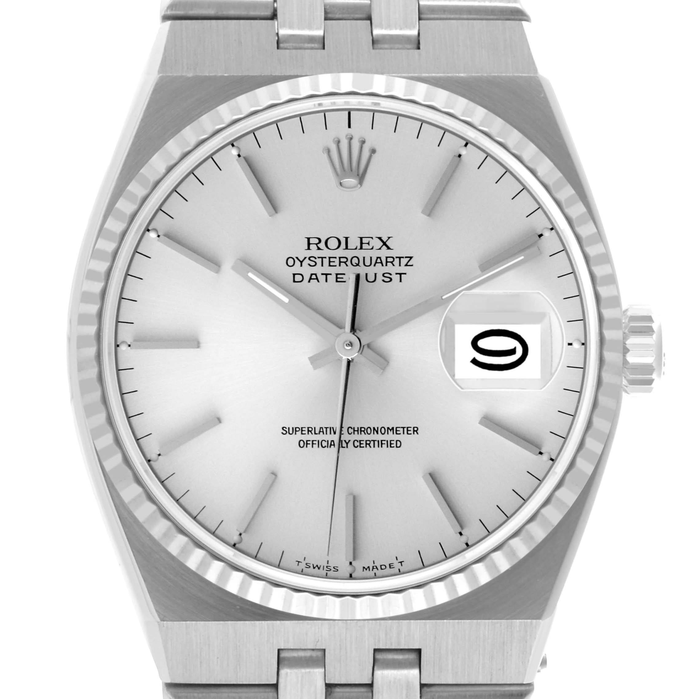 This image shows a front view of a Rolex Oysterquartz 17014 Men's Stainless Steel Silver Dial 17014 Men's Stainless Steel Silver Dial watch, highlighting the dial, hands, bezel, and part of the bracelet.
