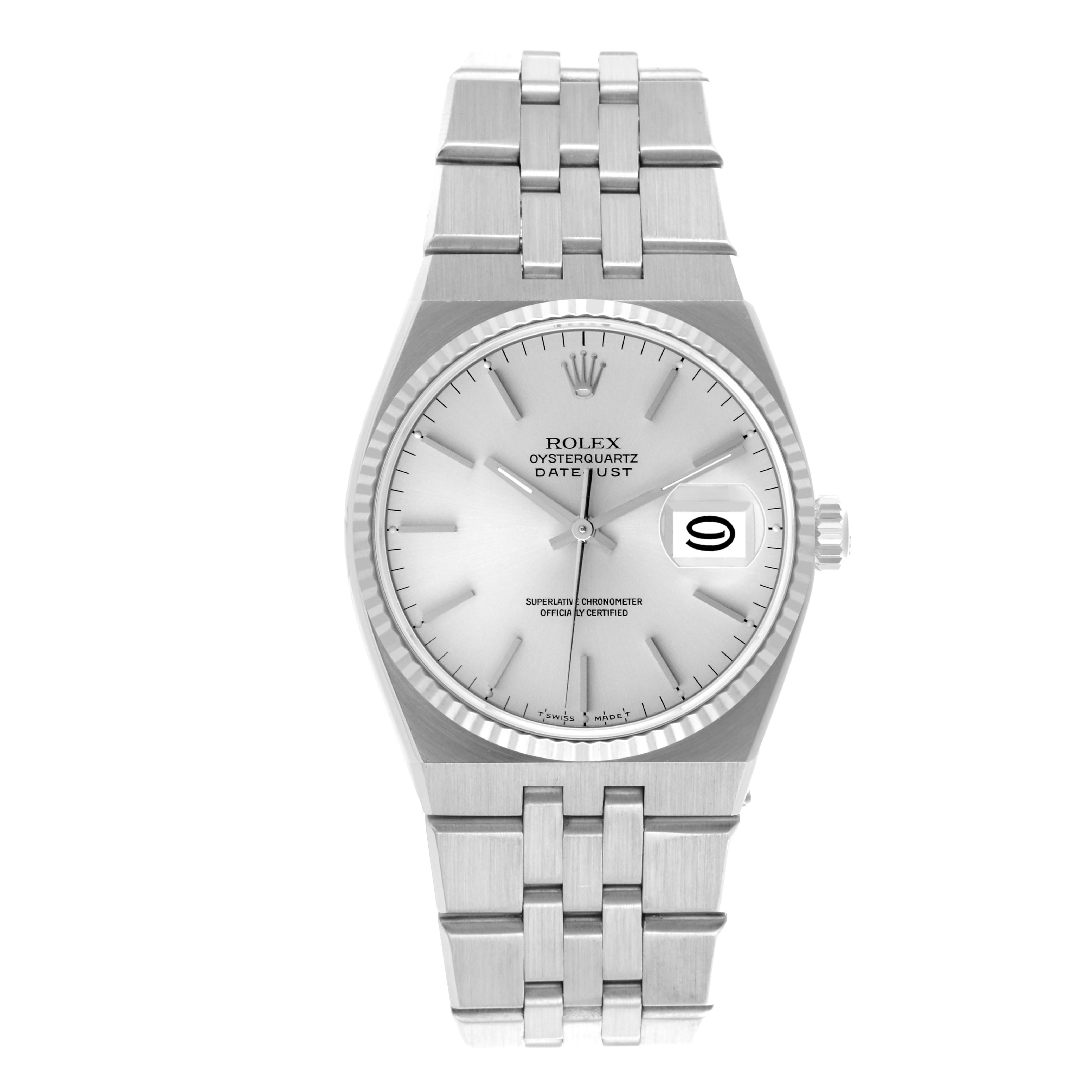 The Rolex Oysterquartz 17014 Men's Stainless Steel Silver Dial 17014 Men's Stainless Steel Silver Dial watch is shown from a frontal angle, displaying the full face, bezel, and bracelet.