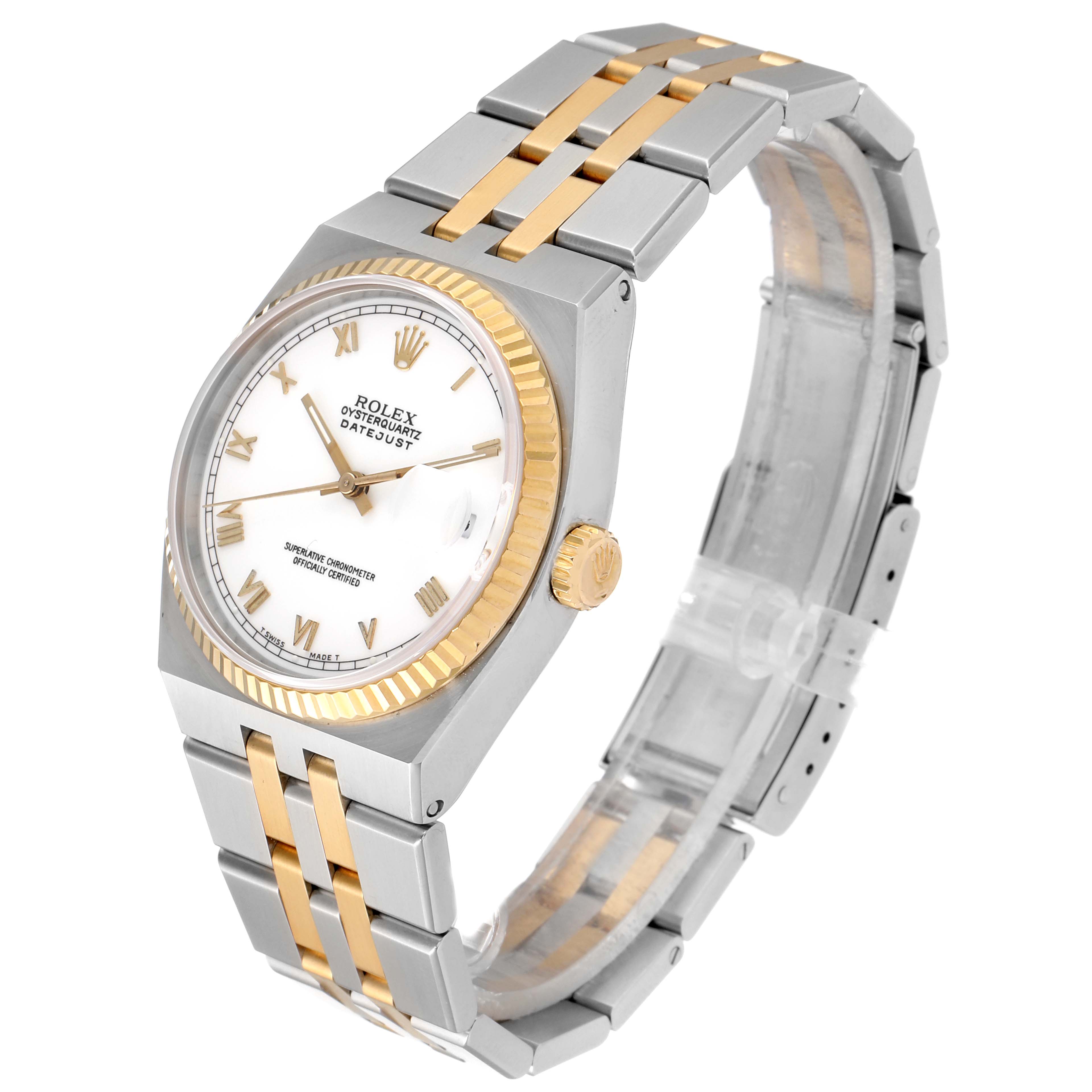 This image shows a Rolex Oysterquartz 17013 Men's Steel and Gold (two tone) White Dial 17013 Men's Steel and Gold (two tone) White Dial watch from a three-quarter angle, highlighting the dial, bezel, and bracelet.
