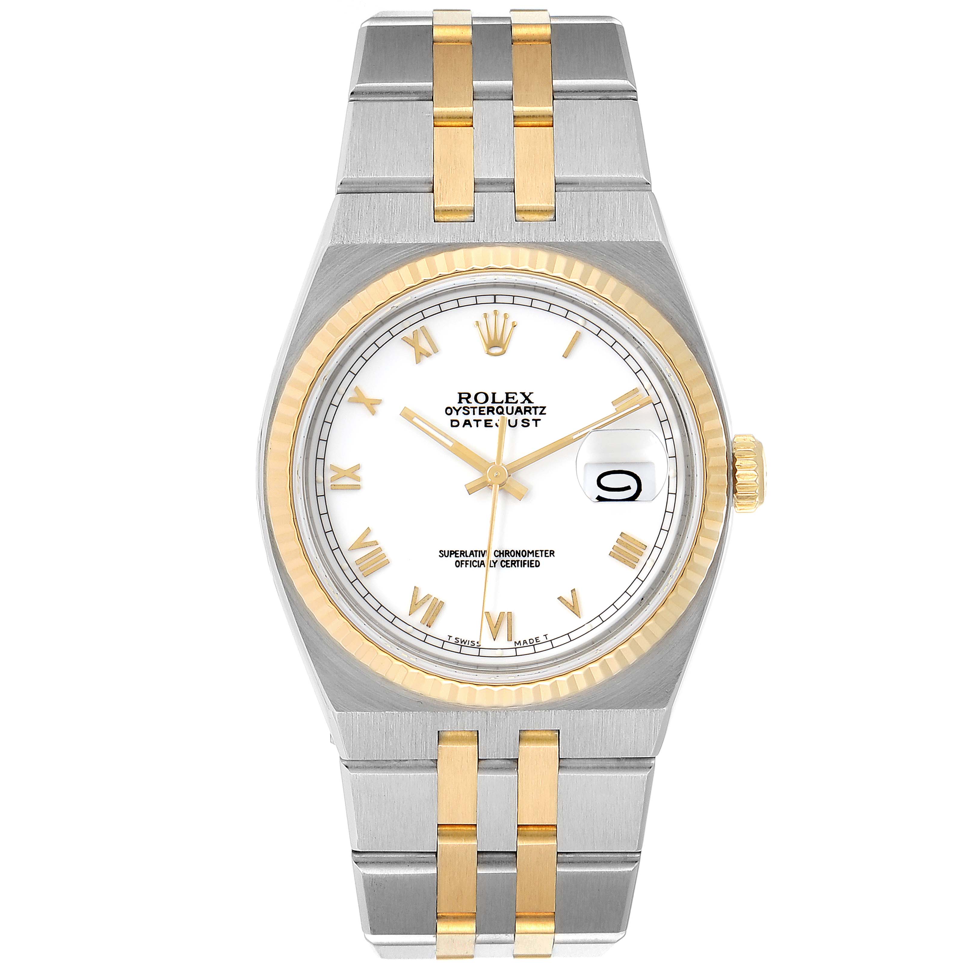This image shows the Rolex Oysterquartz 17013 Men's Steel and Gold (two tone) White Dial 17013 Men's Steel and Gold (two tone) White Dial Datejust watch from a front angle, emphasizing its dial, bezel, and bracelet.
