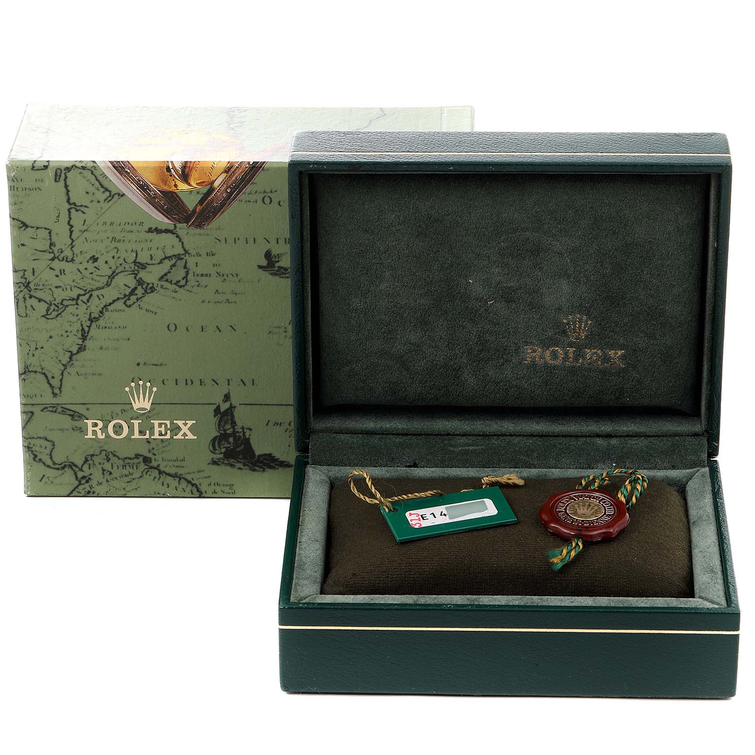 The image shows a Rolex Oysterquartz 17013 Men's Steel and Gold (two tone) White Dial 17013 Men's Steel and Gold (two tone) White Dial watch box and accessories at an eye-level angle.