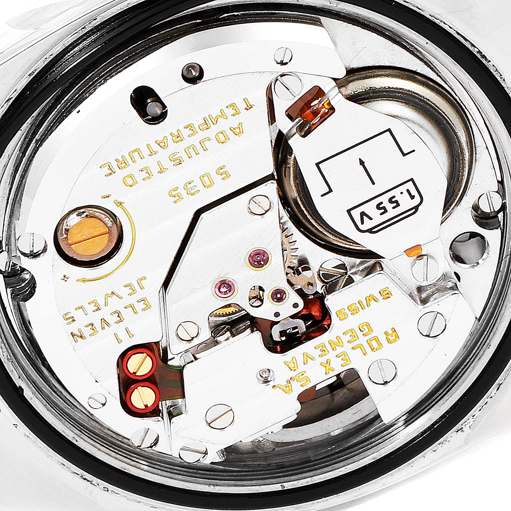 This is a close-up image of the movement of a Rolex Oysterquartz 17013 Men's Steel and Gold (two tone) White Dial 17013 Men's Steel and Gold (two tone) White Dial watch, showing its internal components.