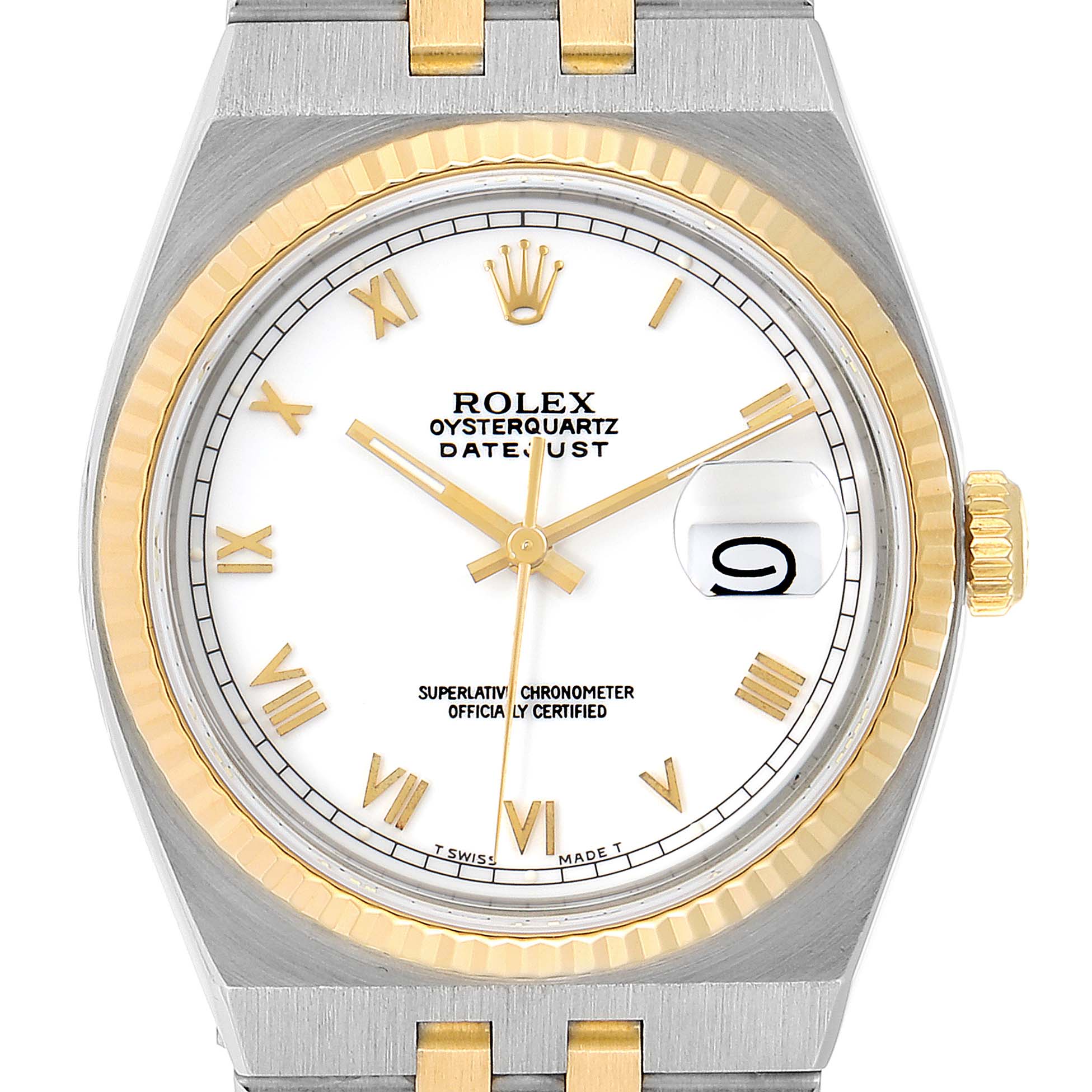 The image shows a front view of the Rolex Oysterquartz 17013 Men's Steel and Gold (two tone) White Dial 17013 Men's Steel and Gold (two tone) White Dial Datejust watch, highlighting the dial, bezel, and partial bracelet.
