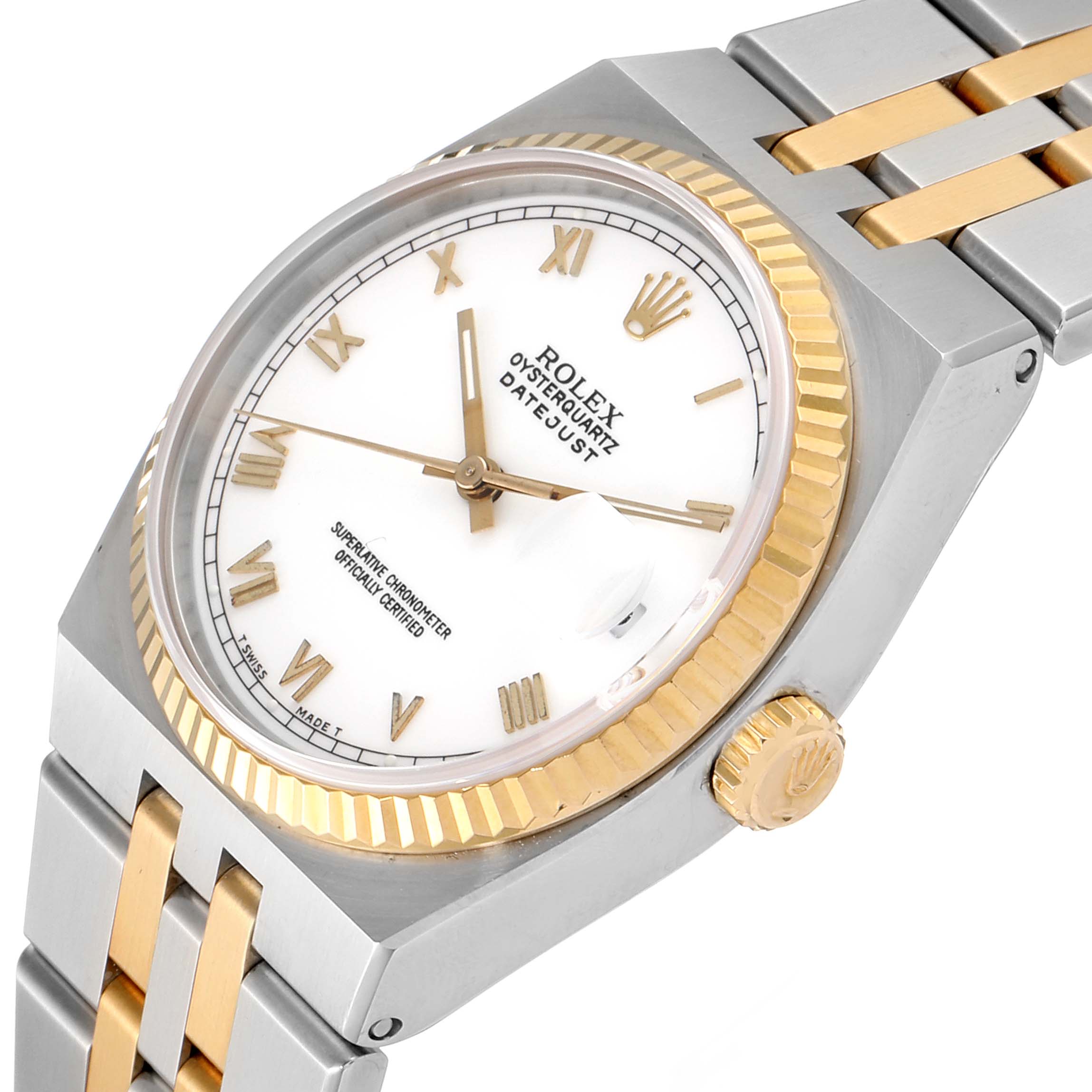 The image shows a close-up, angled view of a Rolex Oysterquartz 17013 Men's Steel and Gold (two tone) White Dial 17013 Men's Steel and Gold (two tone) White Dial watch, highlighting the dial, bezel, crown, and bracelet.