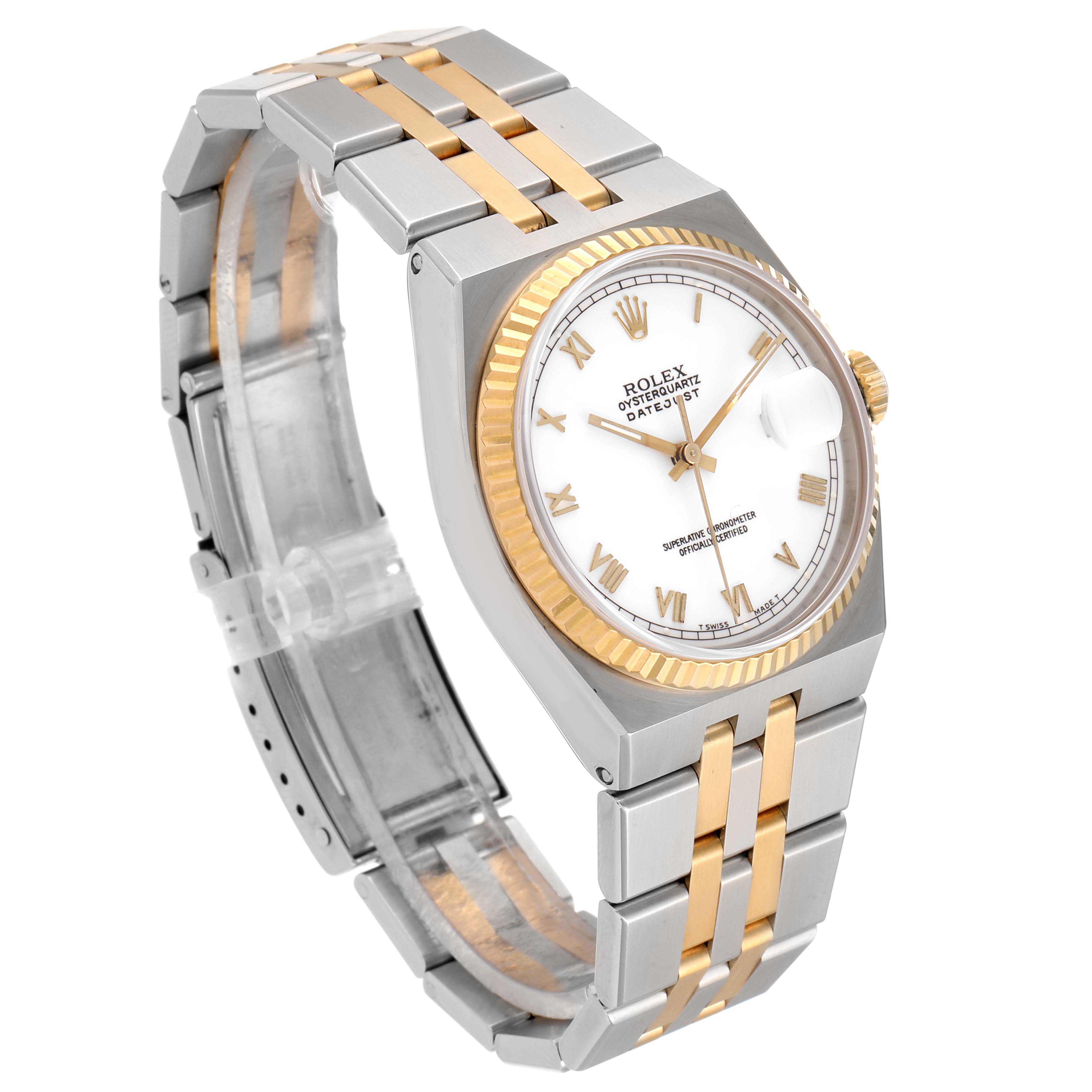 This Rolex Oysterquartz 17013 Men's Steel and Gold (two tone) White Dial 17013 Men's Steel and Gold (two tone) White Dial watch is shown at a three-quarter angle, displaying its dial, bezel, and bracelet.