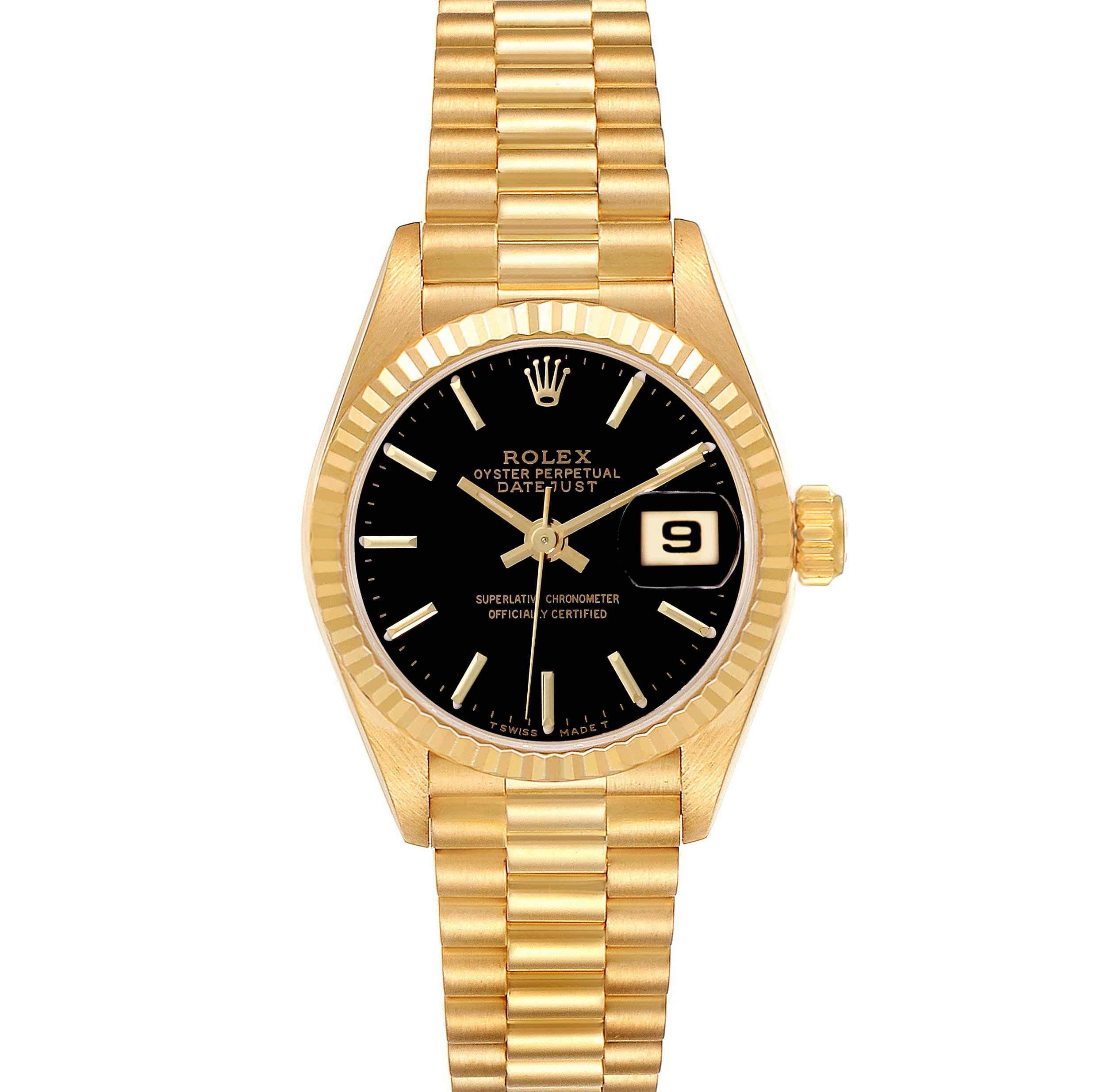 The Rolex President 69178 Women's Yellow Gold Black Dial 69178 Women's Yellow Gold Black Dial model watch is shown from a top-down angle, displaying the face, bezel, and full bracelet.
