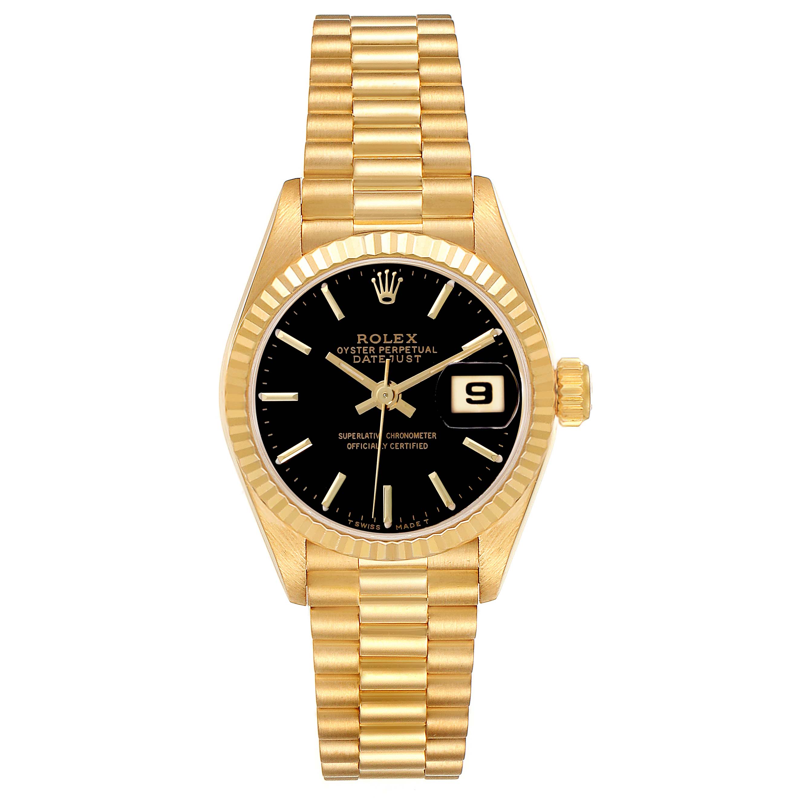 The Rolex President 69178 Women's Yellow Gold Black Dial 69178 Women's Yellow Gold Black Dial model is shown from a top-down angle, displaying the watch face, bezel, and bracelet.