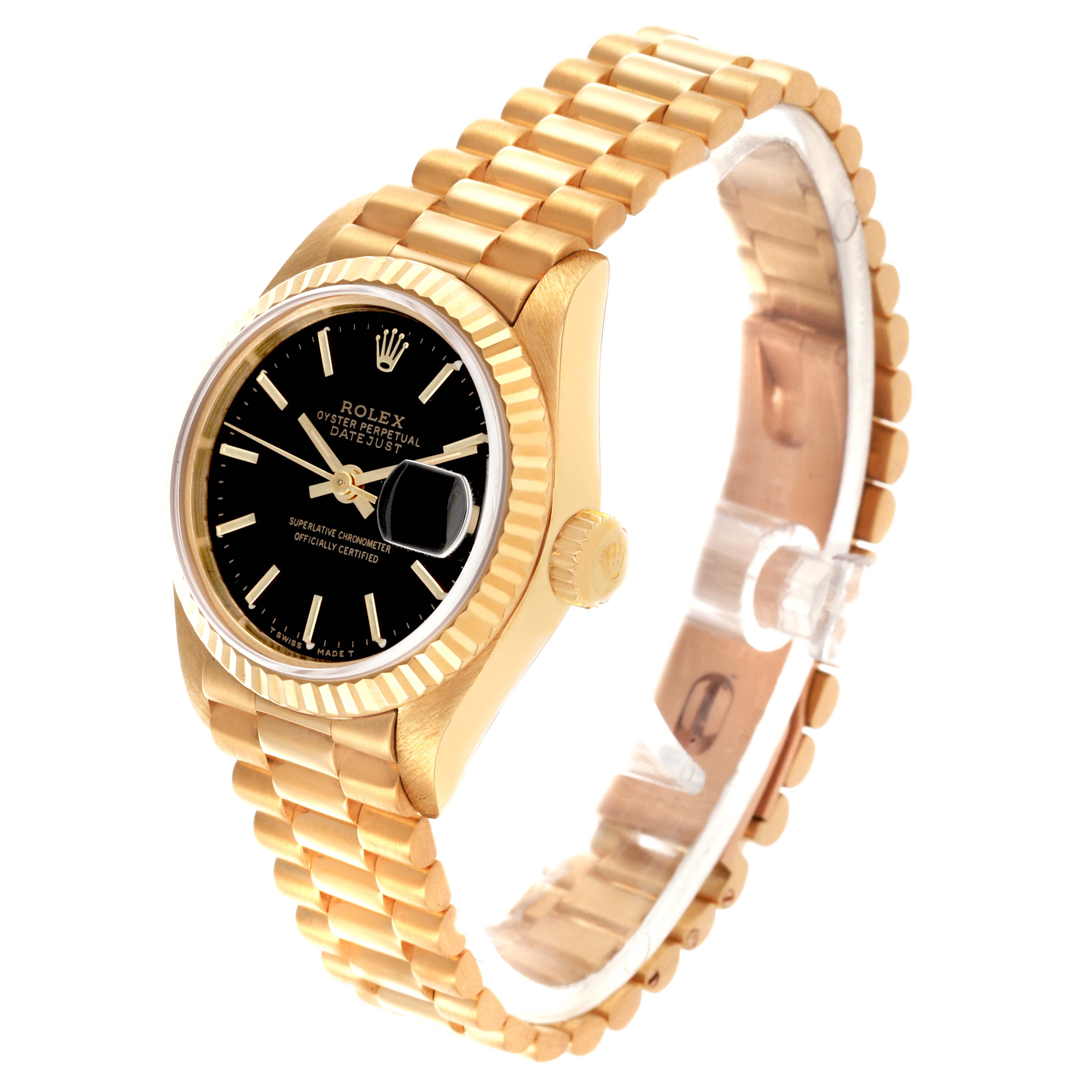 The Rolex President 69178 Women's Yellow Gold Black Dial 69178 Women's Yellow Gold Black Dial model is shown at a three-quarter angle, highlighting the bracelet, case, bezel, and dial.