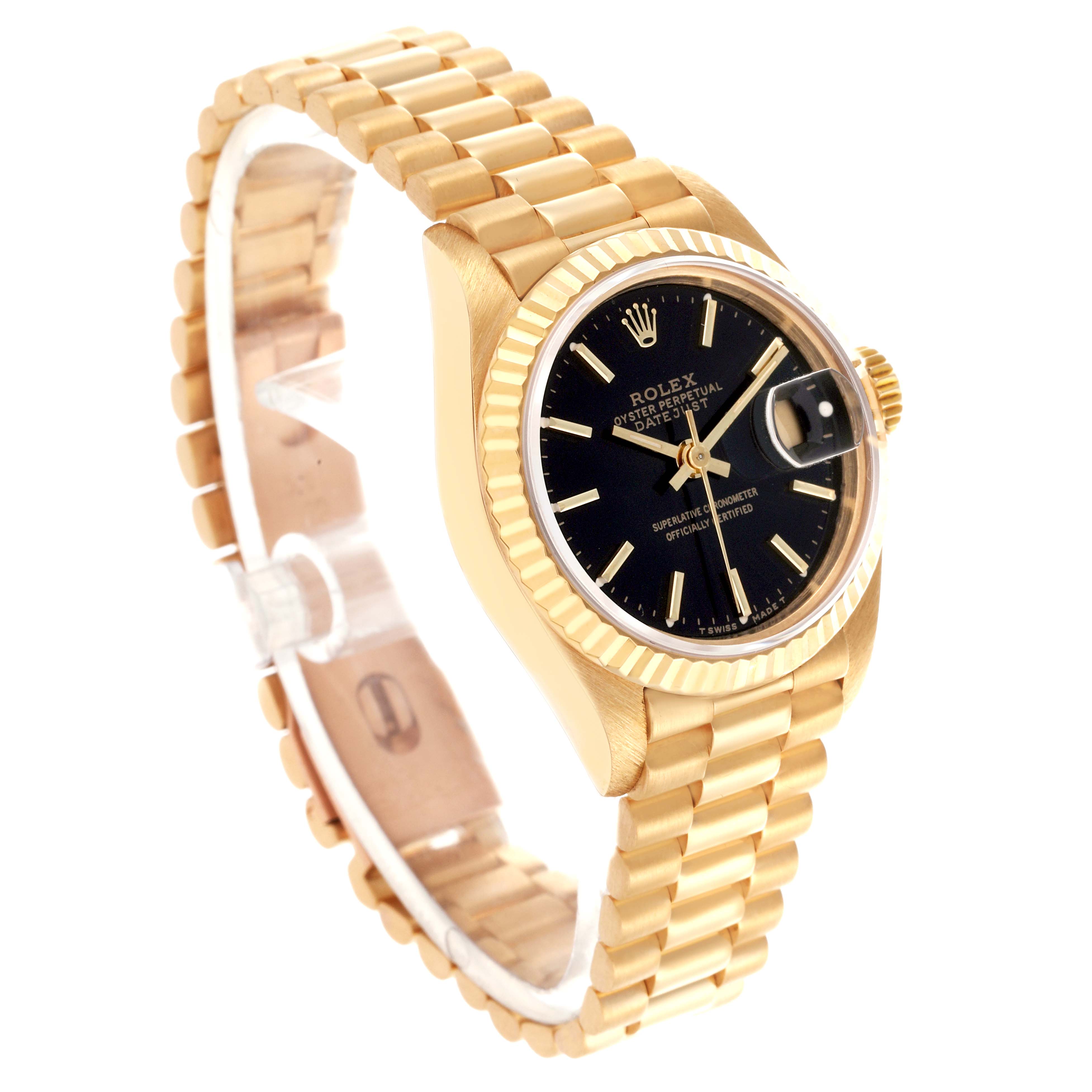 The Rolex President 69178 Women's Yellow Gold Black Dial 69178 Women's Yellow Gold Black Dial model watch is shown at a three-quarter angle, highlighting the bracelet, bezel, and dial.