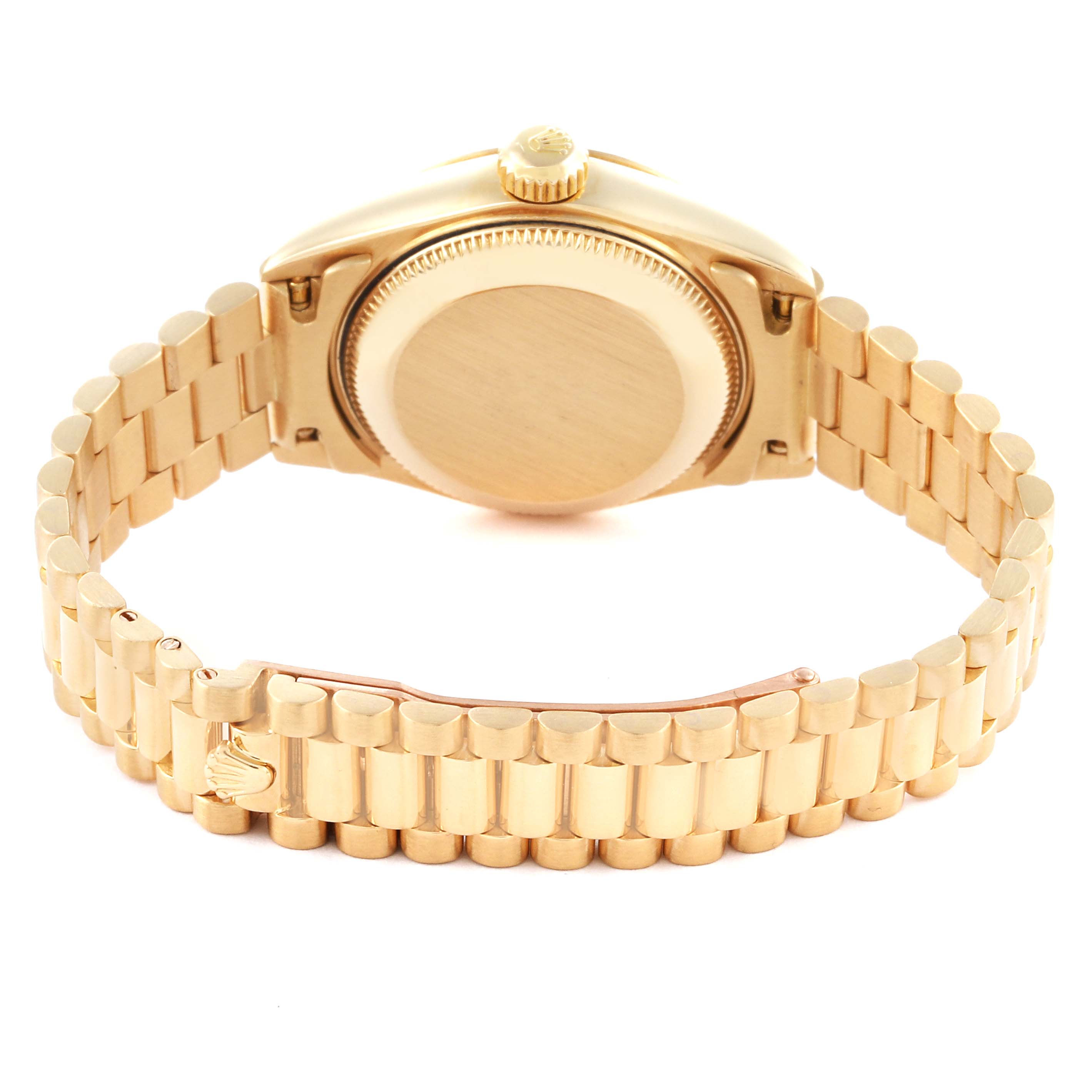 The image shows the back and bracelet of a Rolex President 69178 Women's Yellow Gold Black Dial 69178 Women's Yellow Gold Black Dial model, viewed from a rear angle.