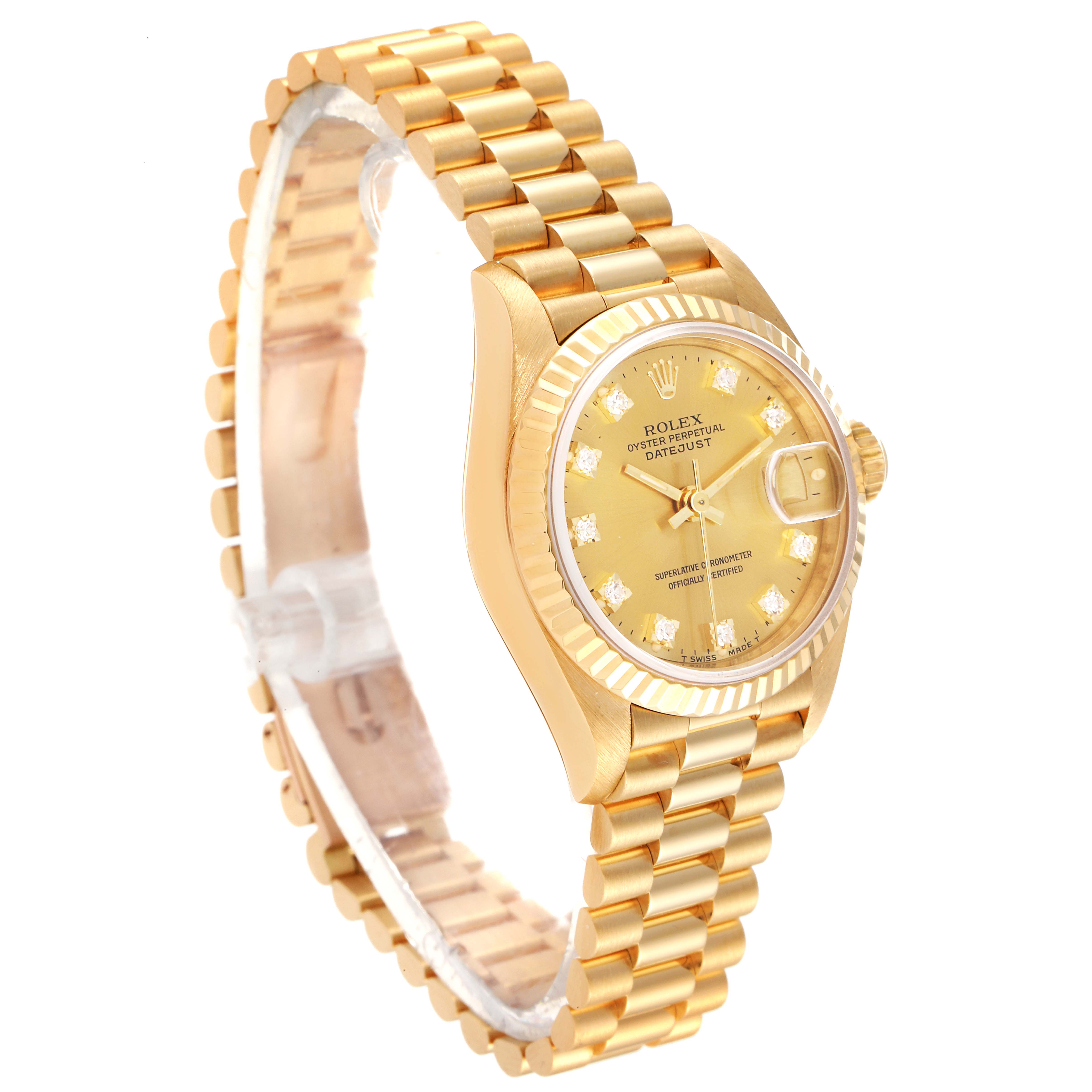 The image shows a side angle of a Rolex President 69178 Women's Yellow Gold Champagne Dial 69178 Women's Yellow Gold Champagne Dial model, featuring its golden bracelet, bezel, and diamond-accented dial.