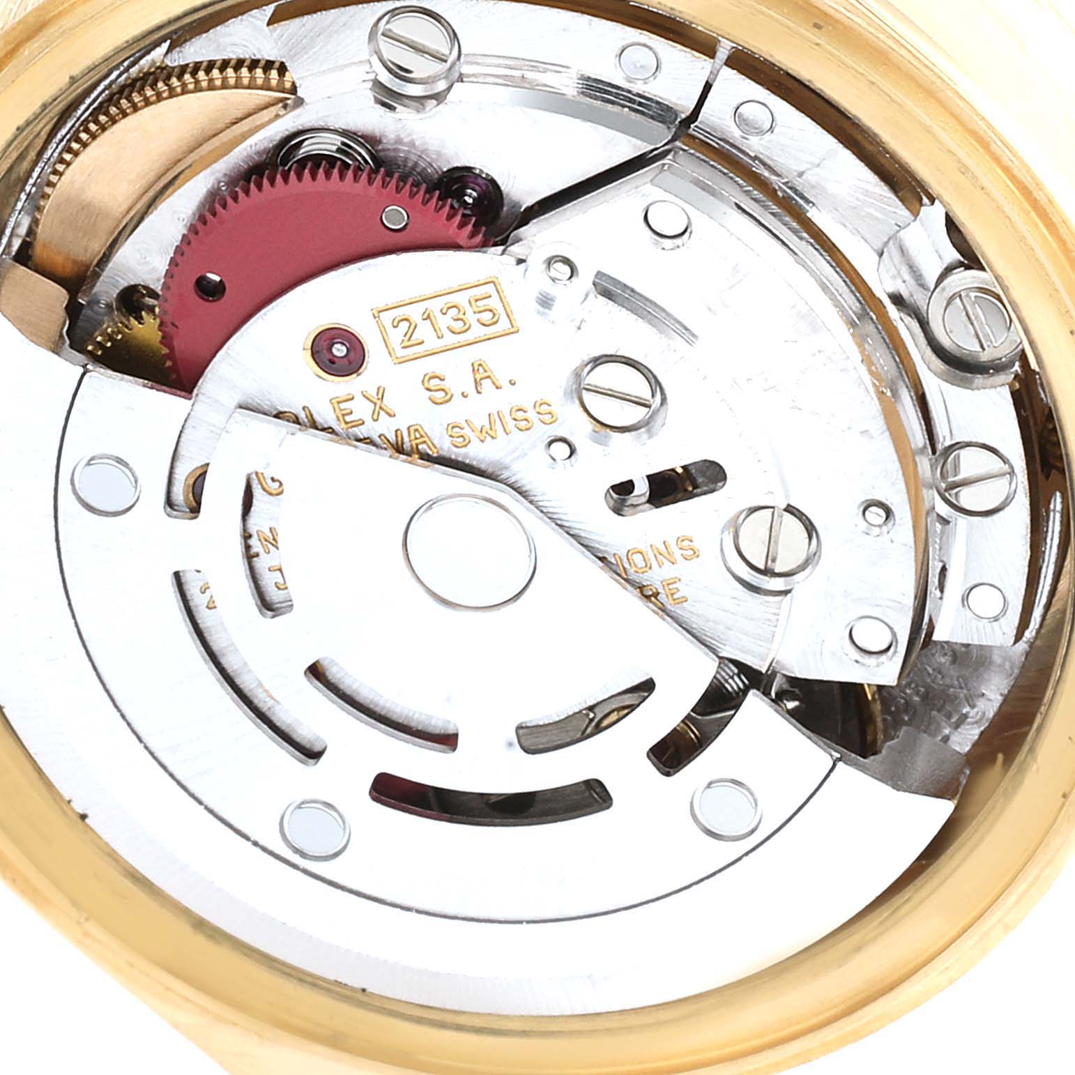This image shows a close-up of the Rolex President 69178 Women's Yellow Gold Champagne Dial 69178 Women's Yellow Gold Champagne Dial model's internal mechanical movement.