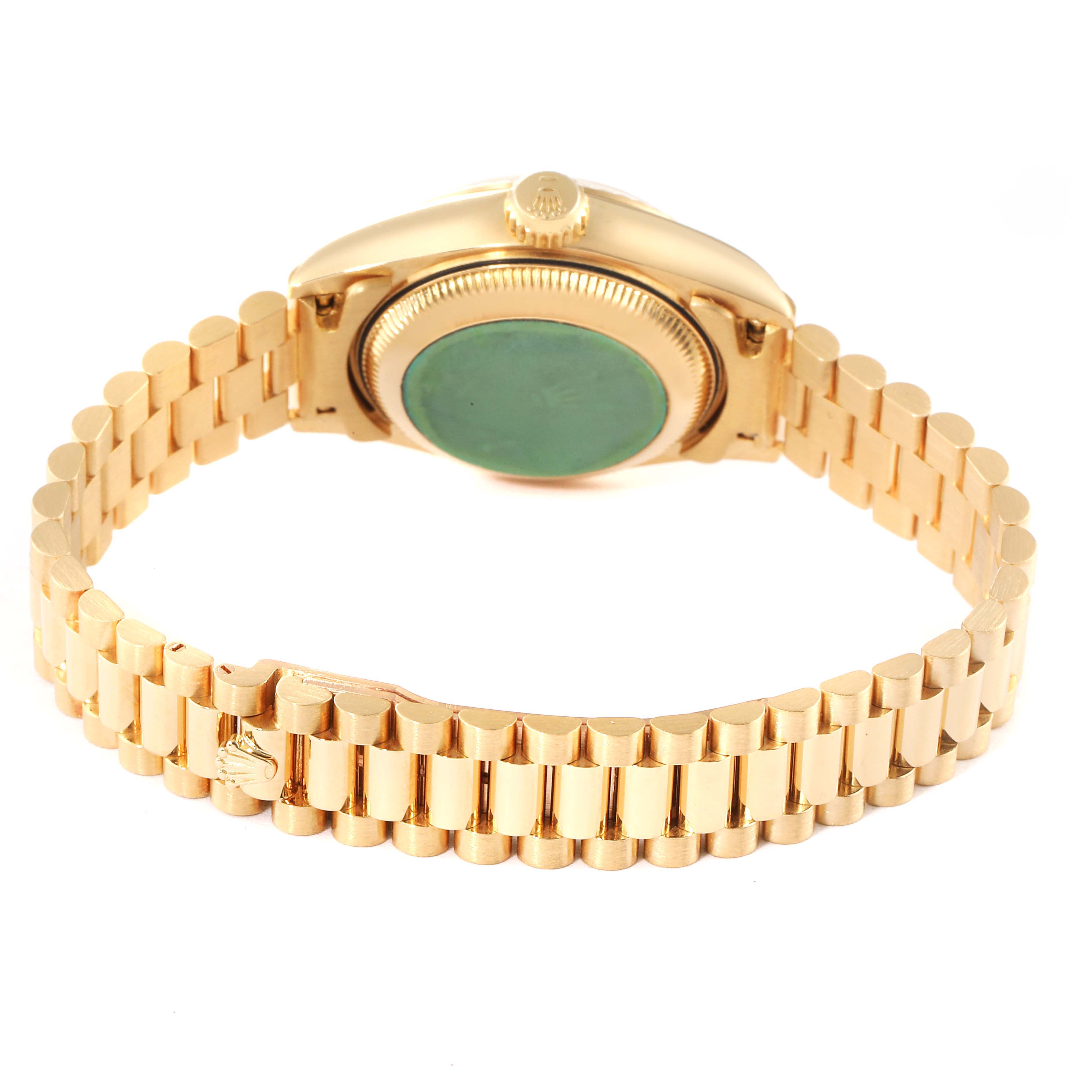 This image shows the back view of a Rolex President 69178 Women's Yellow Gold Champagne Dial 69178 Women's Yellow Gold Champagne Dial model watch, focusing on the case back and bracelet.