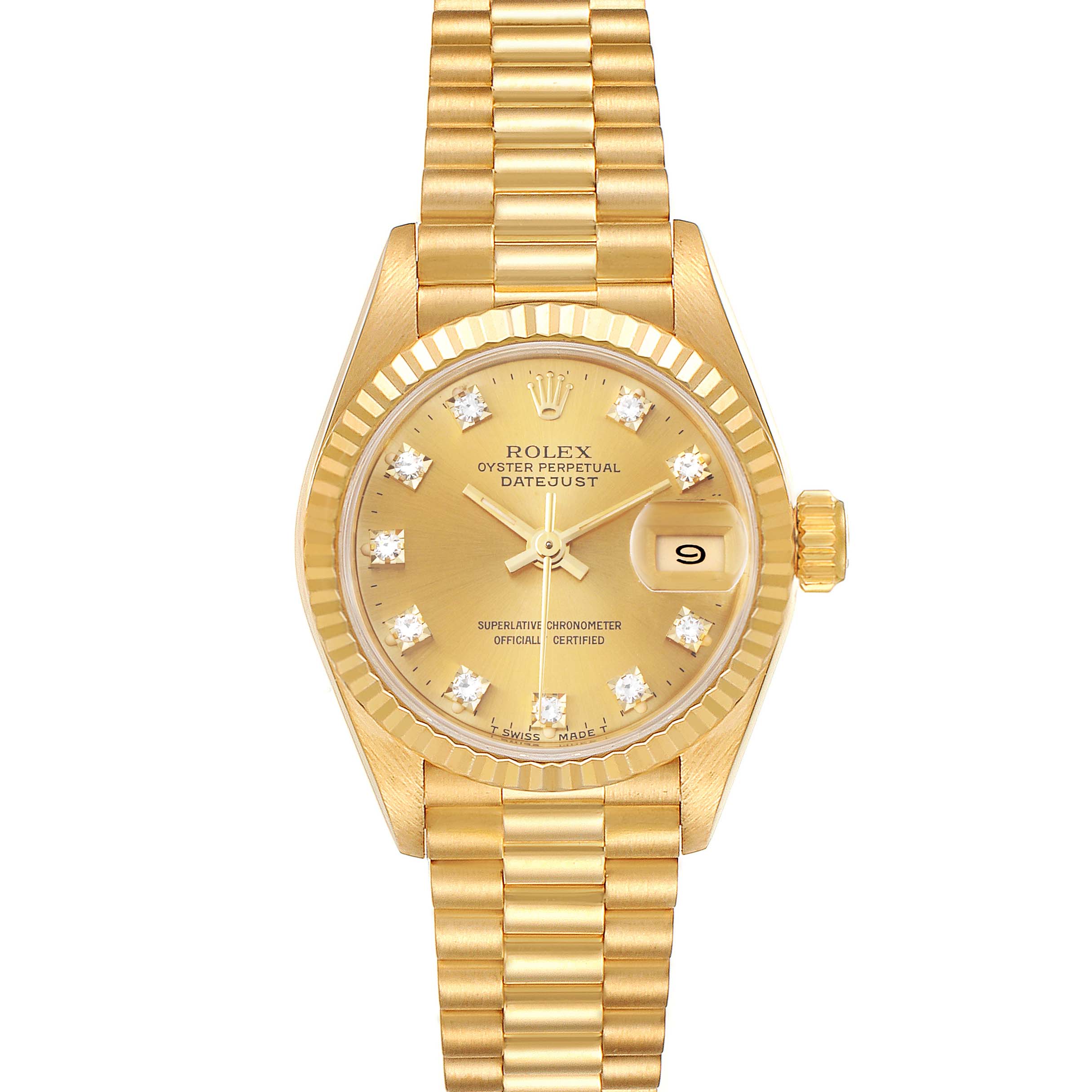This image shows a Rolex President 69178 Women's Yellow Gold Champagne Dial 69178 Women's Yellow Gold Champagne Dial model watch, viewed from the front, displaying the dial, hands, date window, and bracelet.