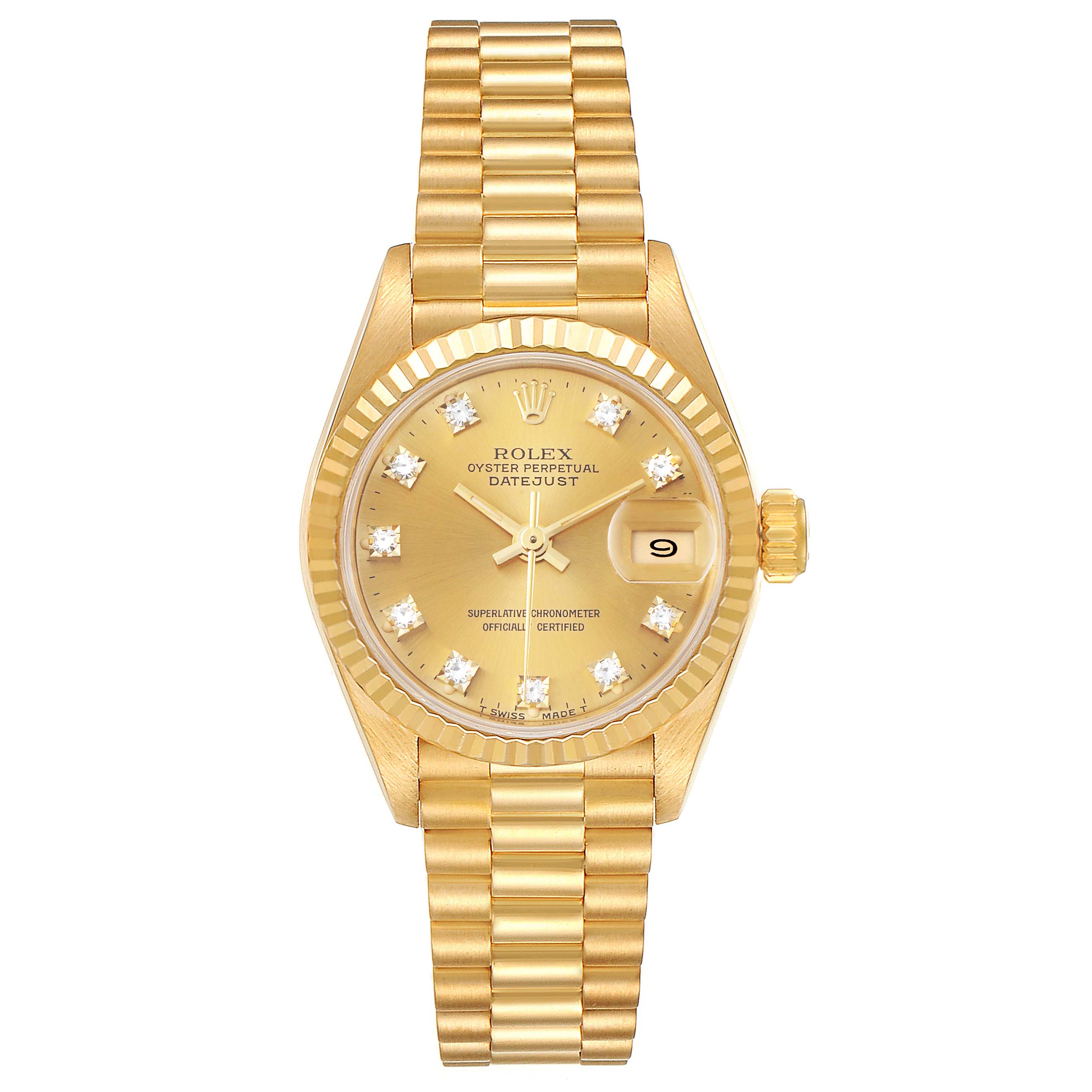The image shows a frontal view of a Rolex President 69178 Women's Yellow Gold Champagne Dial 69178 Women's Yellow Gold Champagne Dial model watch, featuring its gold bracelet, dial, and date window.