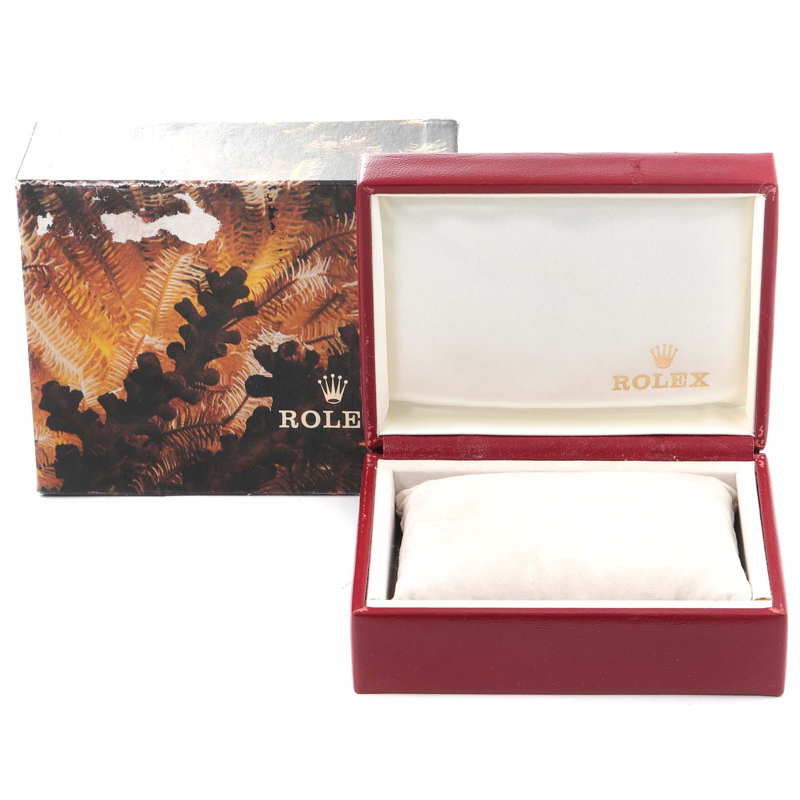 The image shows a Rolex President 69178 Women's Yellow Gold Champagne Dial 69178 Women's Yellow Gold Champagne Dial model watch box with an open lid and a decorated outer box in the background.
