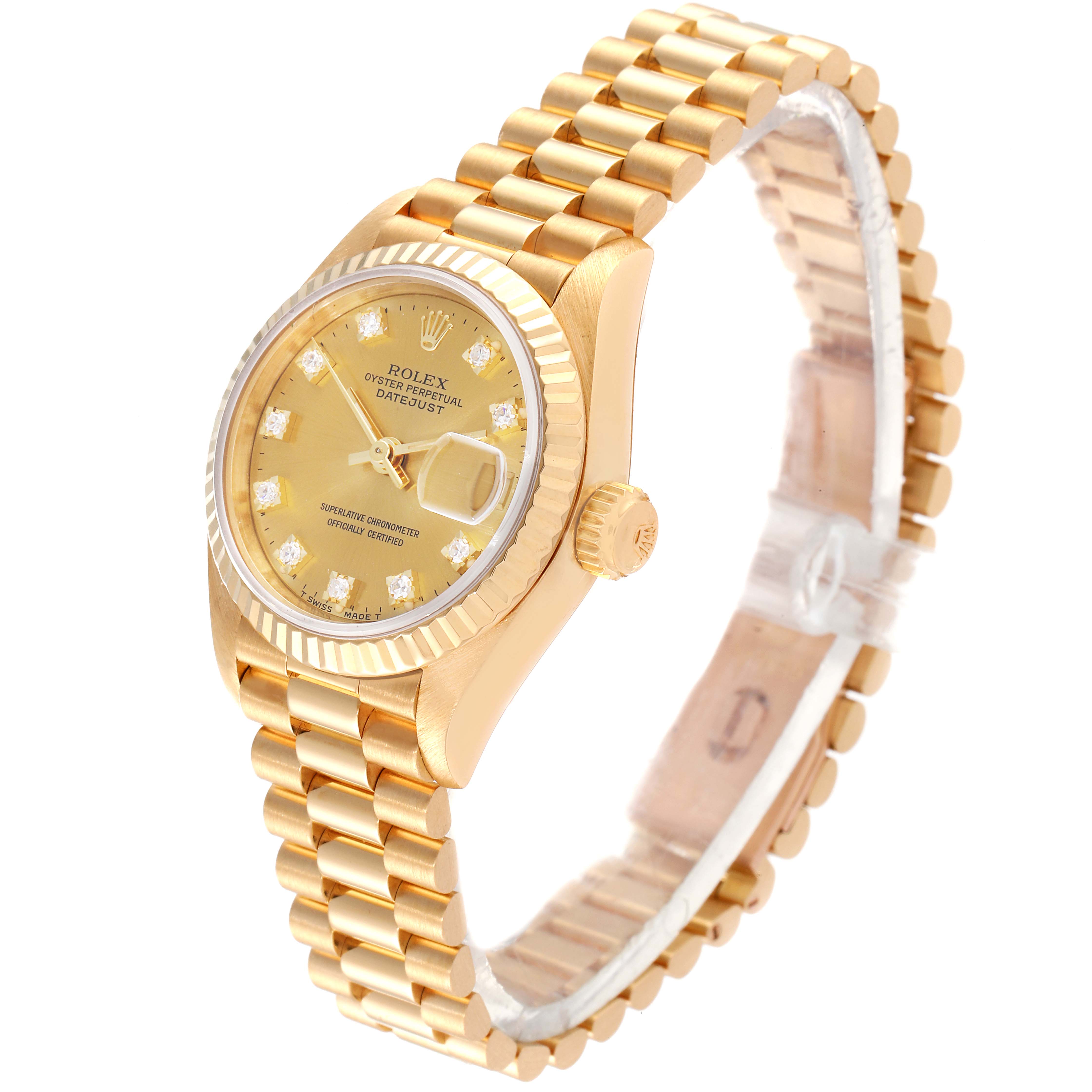 The image shows a Rolex President 69178 Women's Yellow Gold Champagne Dial 69178 Women's Yellow Gold Champagne Dial model watch angled slightly to the right, displaying the dial, bezel, crown, and bracelet.