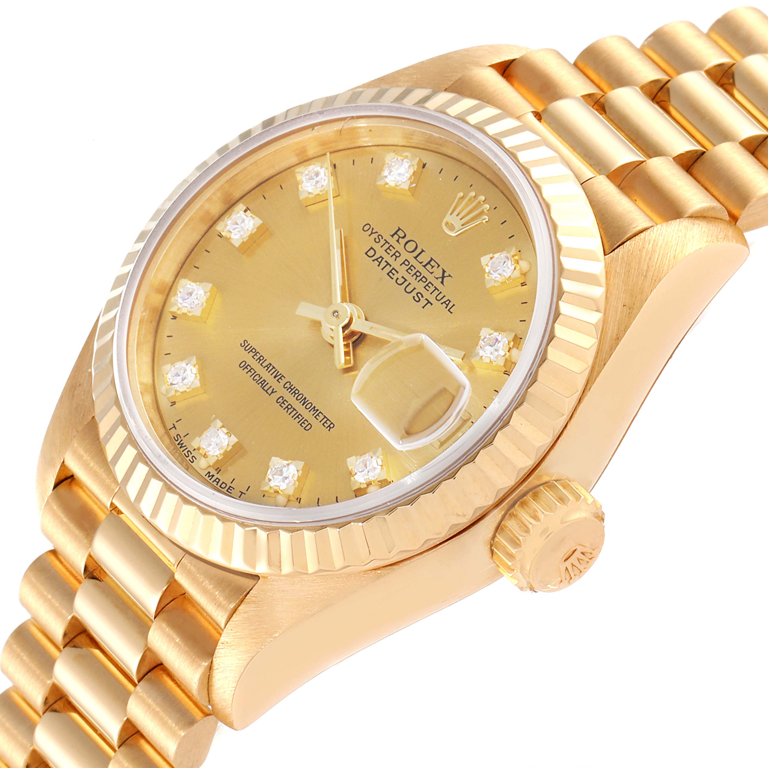 The image shows a close-up of a Rolex President 69178 Women's Yellow Gold Champagne Dial 69178 Women's Yellow Gold Champagne Dial model watch, highlighting the dial, crown, and partial bracelet from an oblique angle.