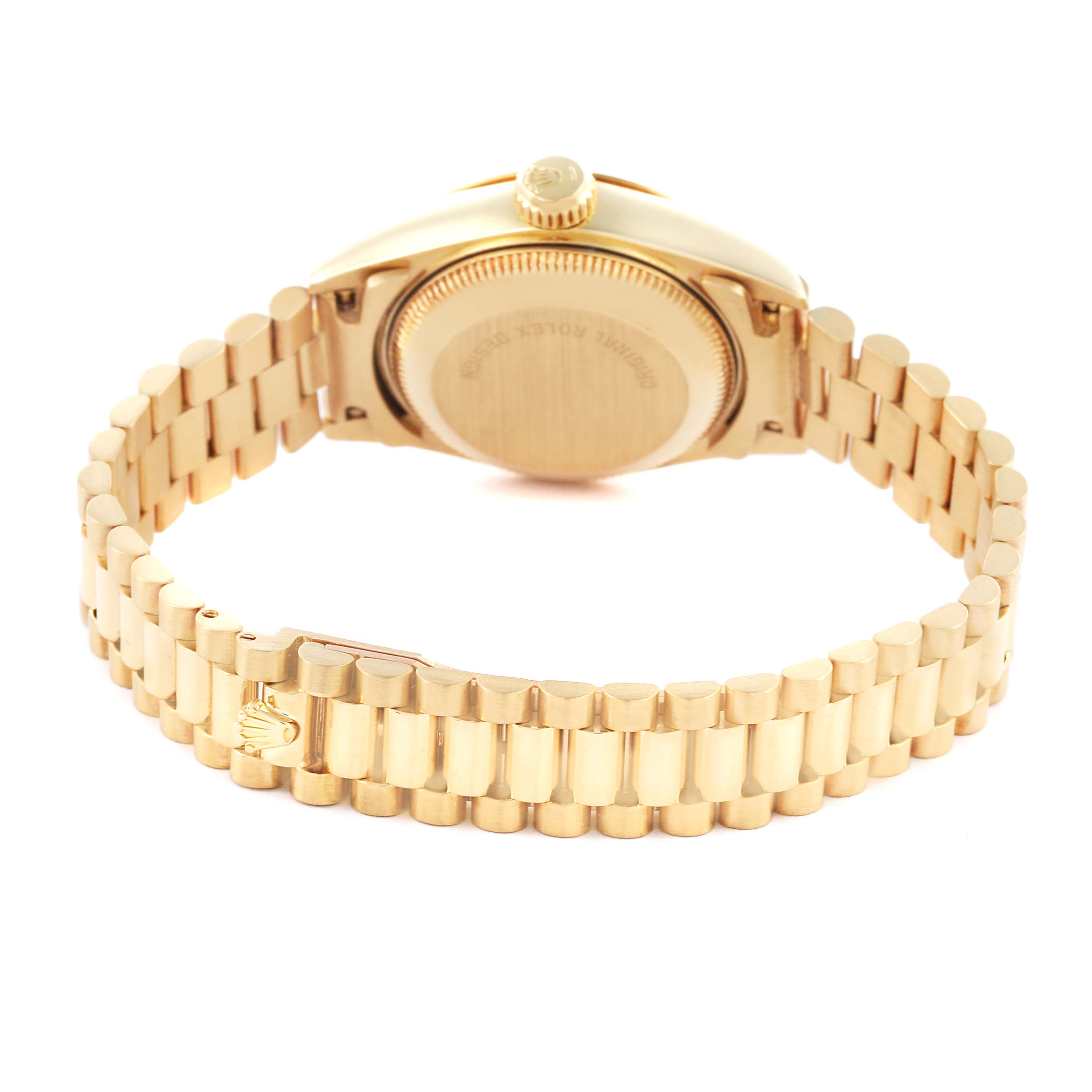The image shows the back and bracelet of a Rolex President 69178 Women's Yellow Gold Champagne Dial 69178 Women's Yellow Gold Champagne Dial watch, highlighting its clasp and gold finish.