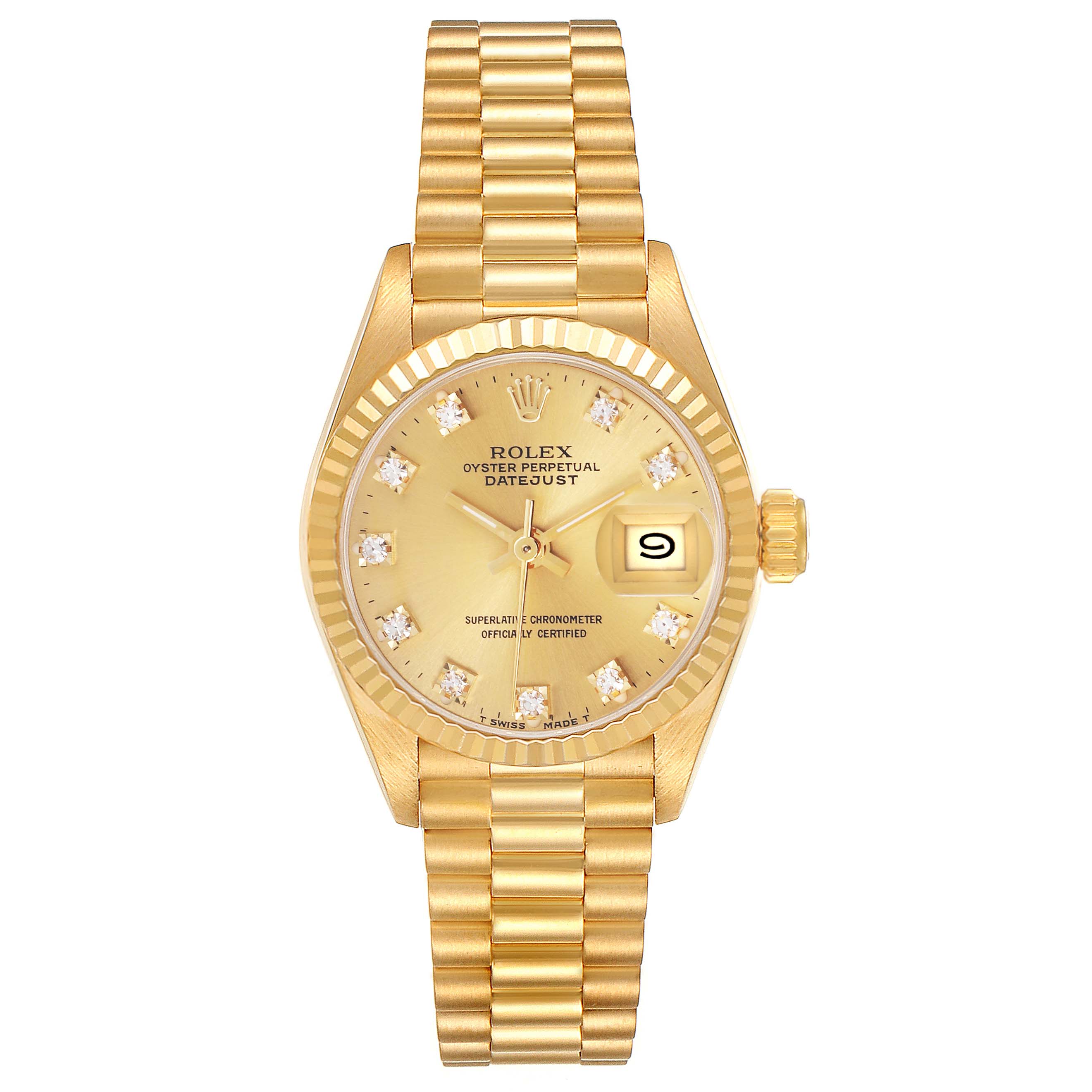 The Rolex President 69178 Women's Yellow Gold Champagne Dial 69178 Women's Yellow Gold Champagne Dial model is shown from a top view, displaying the face, bezel, and full bracelet.