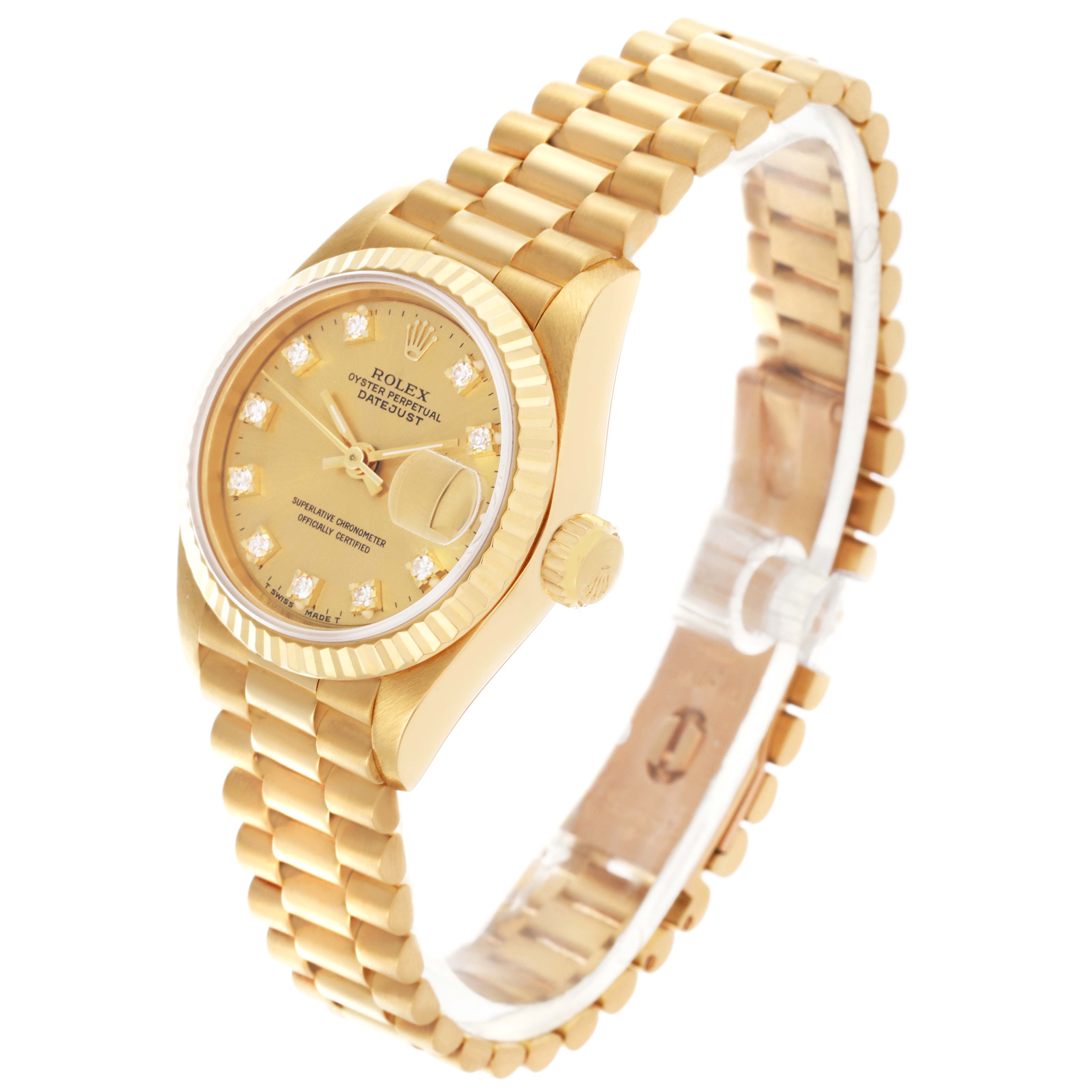 The Rolex President 69178 Women's Yellow Gold Champagne Dial 69178 Women's Yellow Gold Champagne Dial watch is shown at a three-quarter angle, highlighting the face, bezel, crown, and bracelet.