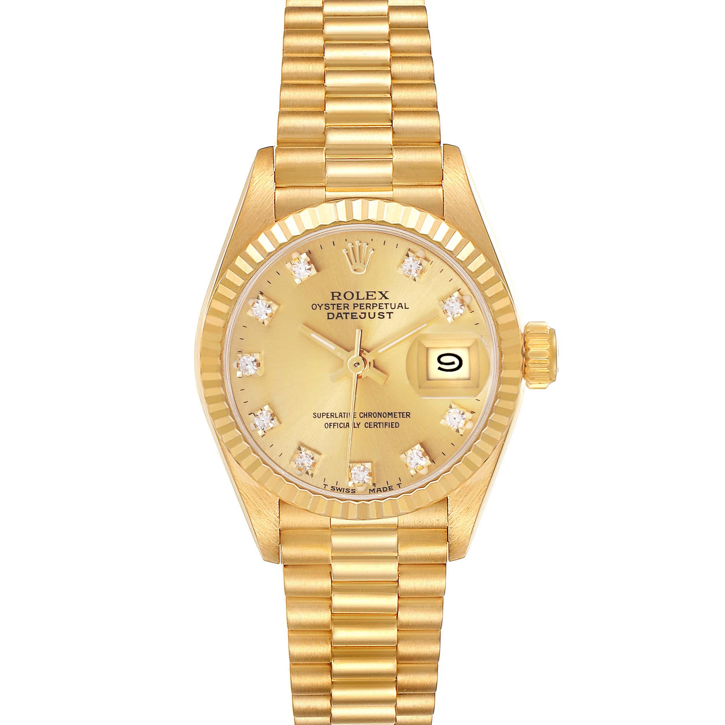 The Rolex President 69178 Women's Yellow Gold Champagne Dial 69178 Women's Yellow Gold Champagne Dial model watch is shown from a top-down angle, displaying the full face, bracelet, and crown.