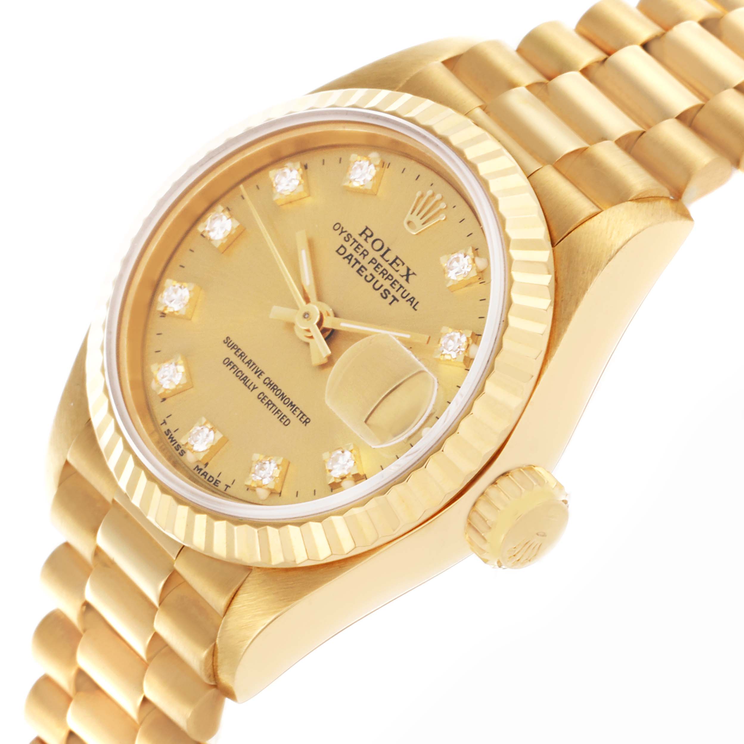 The Rolex President 69178 Women's Yellow Gold Champagne Dial 69178 Women's Yellow Gold Champagne Dial watch is shown at a side angle, highlighting the dial, crown, and part of the bracelet.