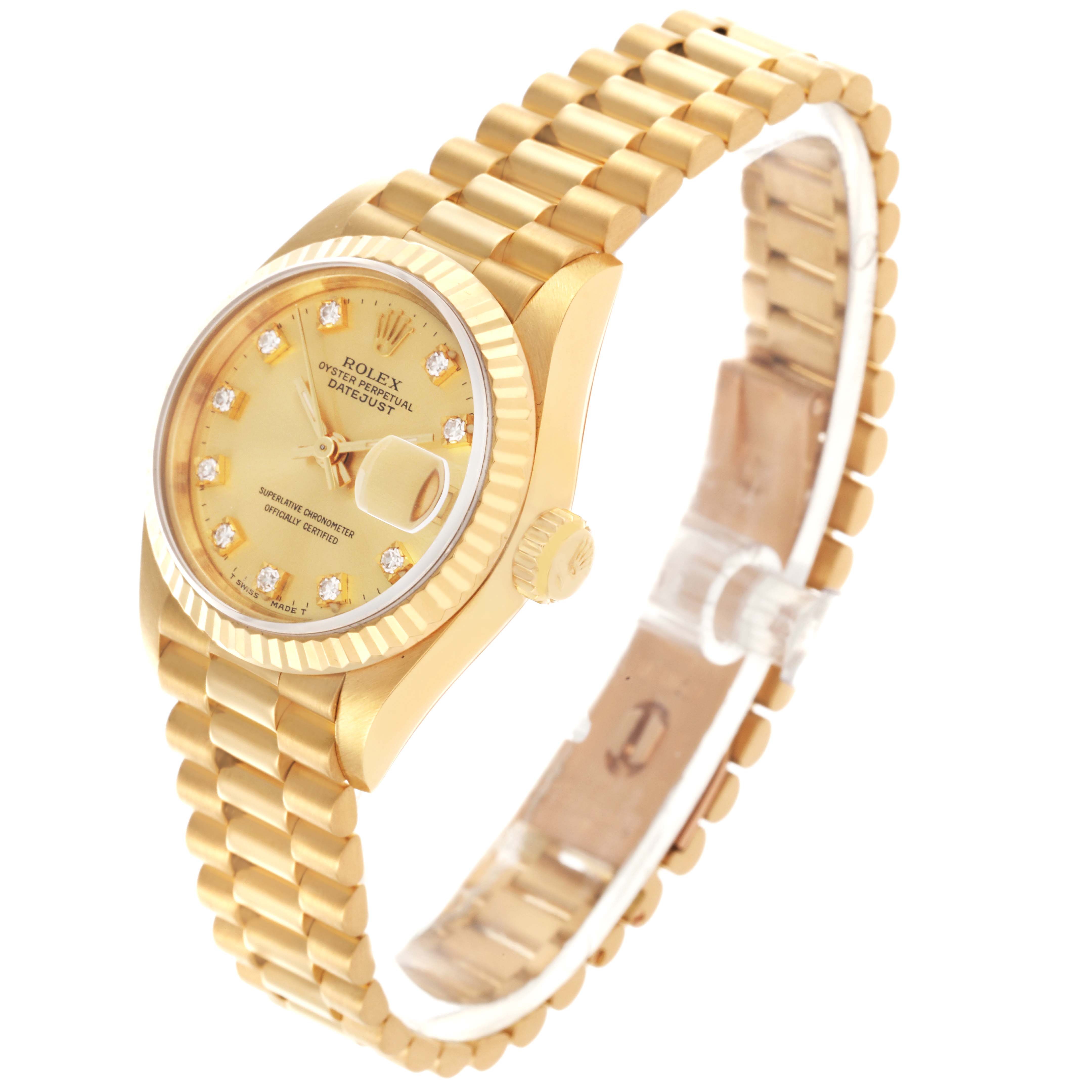 The Rolex President 69178 Women's Yellow Gold Champagne Dial 69178 Women's Yellow Gold Champagne Dial watch is shown from an angled side view, displaying the face, bezel, crown, and part of the bracelet.