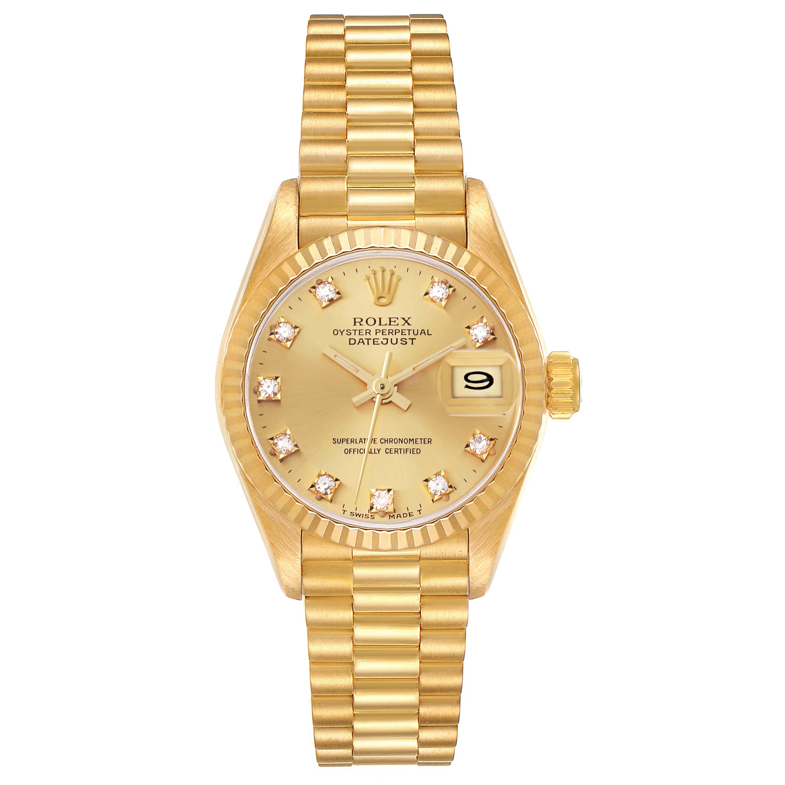 The Rolex President 69178 Women's Yellow Gold Champagne Dial 69178 Women's Yellow Gold Champagne Dial model is shown from a top angle, displaying the watch face, bezel, and bracelet.