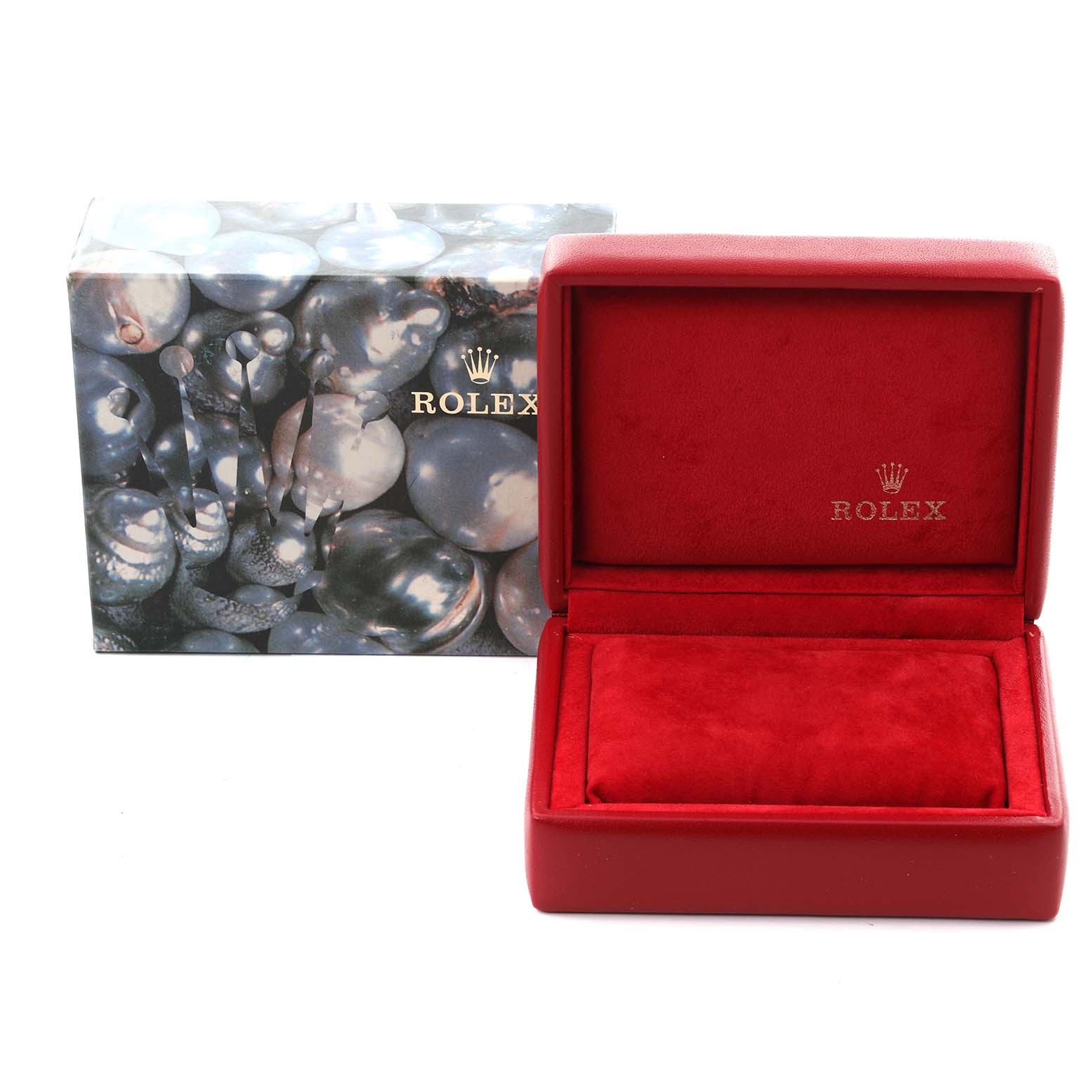 The image shows a red Rolex President 69178 Women's Yellow Gold Champagne Dial 69178 Women's Yellow Gold Champagne Dial model watch box and a decorative outer box at a straightforward angle.